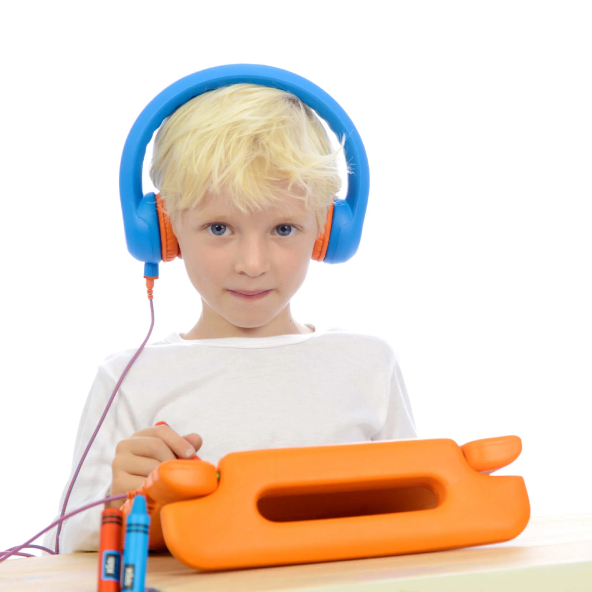 Kinderkopfhörer, Over-Ear, blau, orange, Kassette-förmiges Tablethalterung