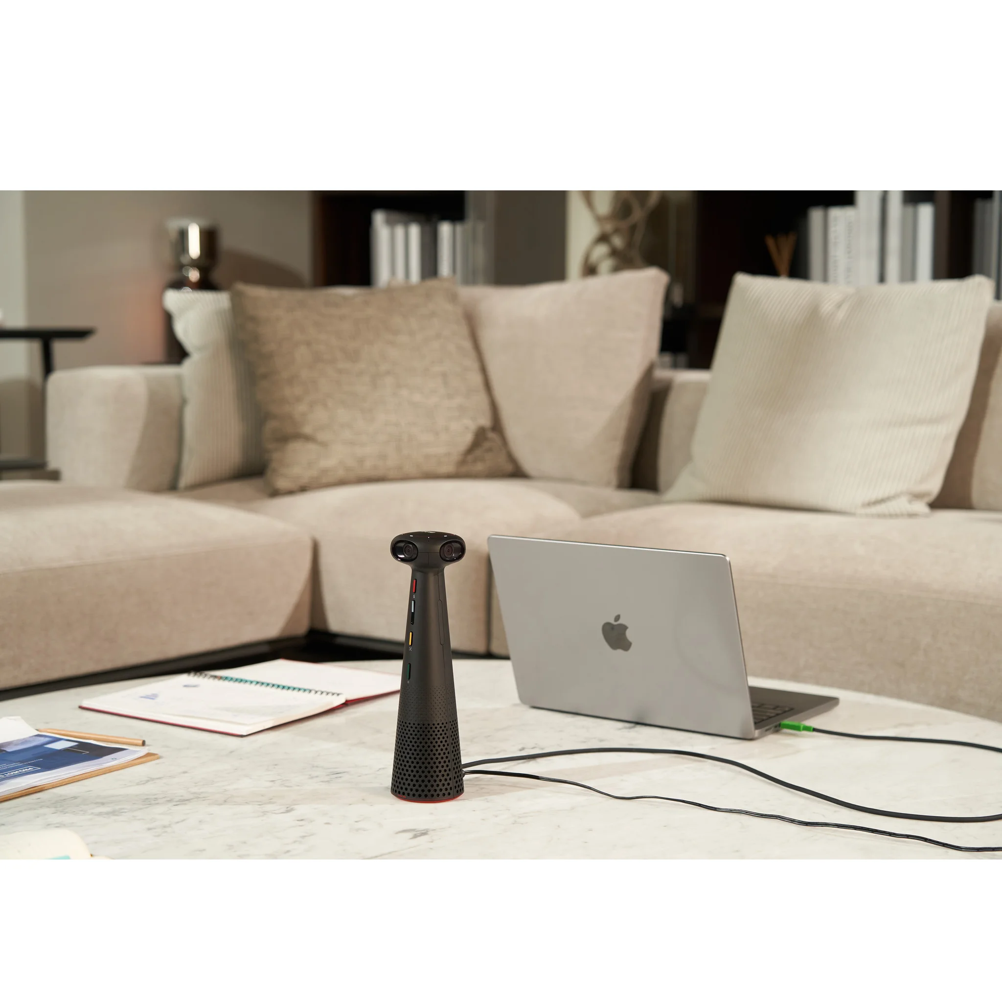 Smart speaker, Home device, Coffee table, Laptop, Wohnzimmer