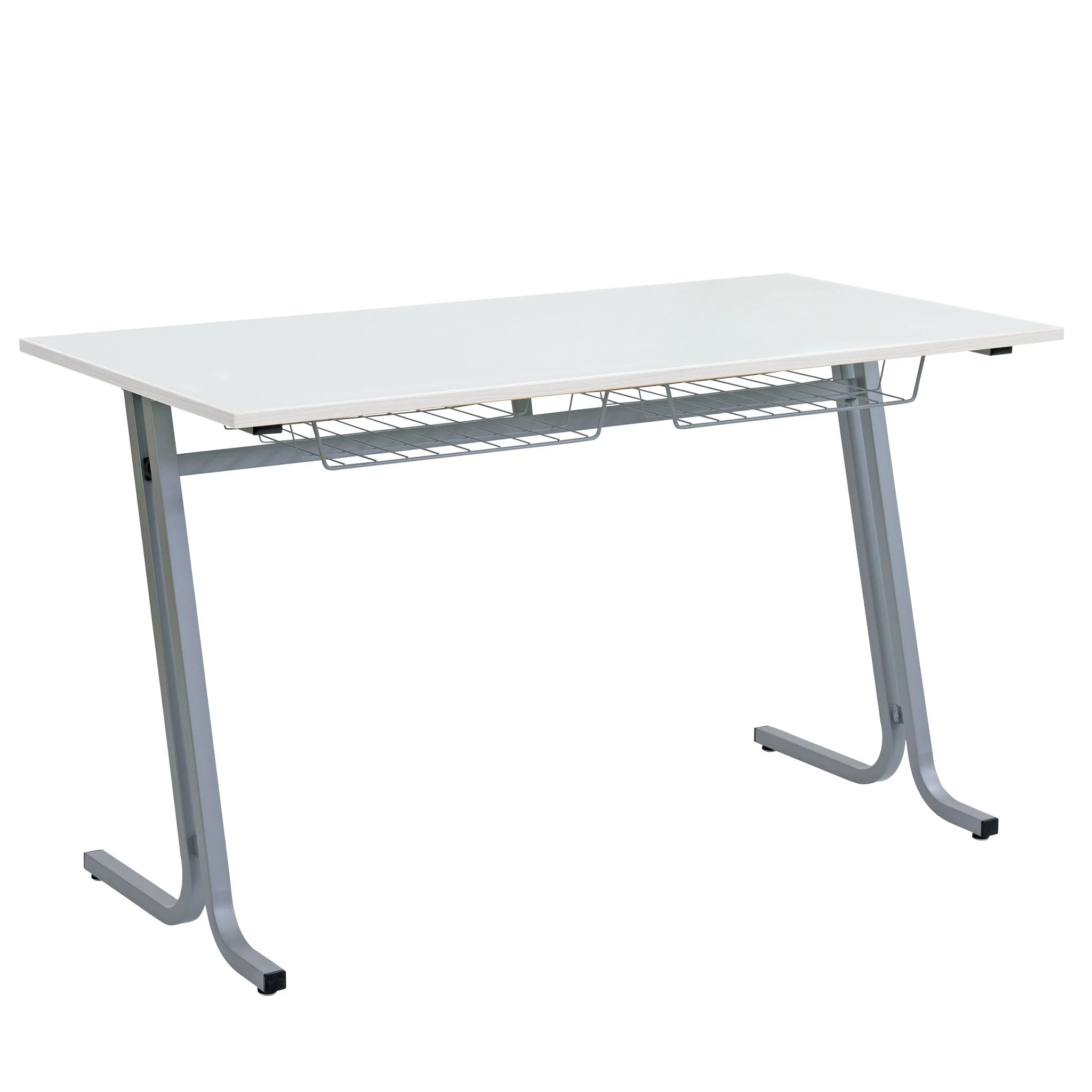 Schreibtisch, Schreibtischplatte, Metallgestell, Korbablage, Gerader Füße