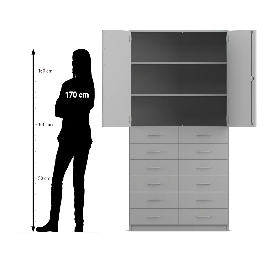 Schrank, Küche, Hängeschrank, Schubladen, Dekor grauweiß