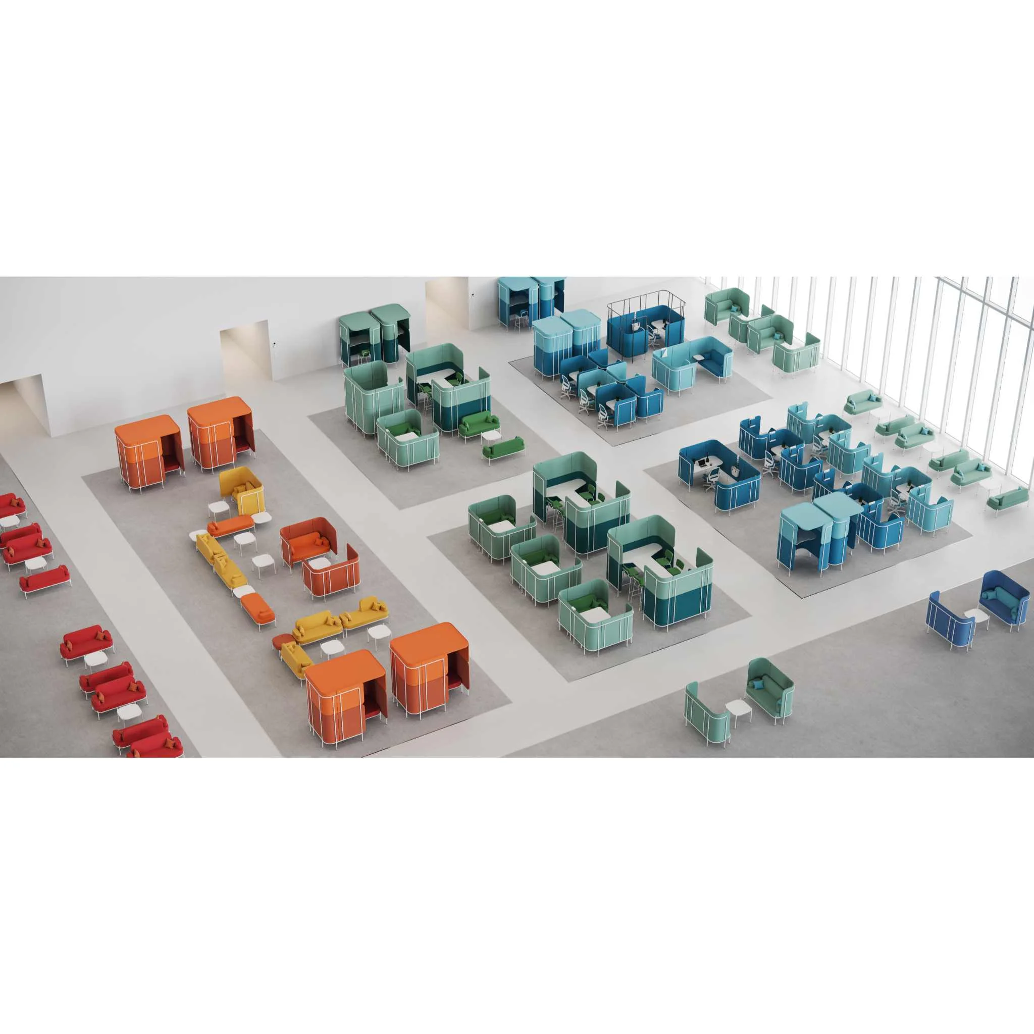 Lounge seating, Modular seating, Colorful pods, Office furniture, Open plan