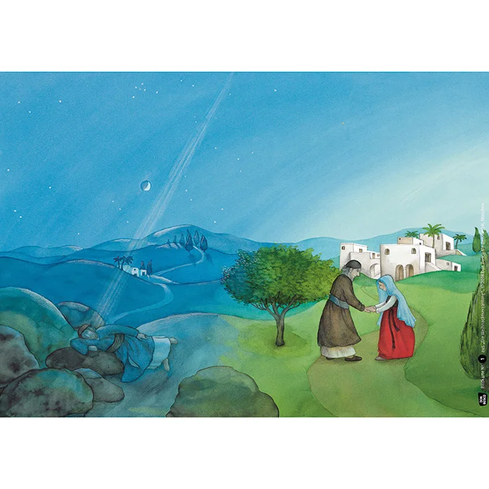 künstlerische illustration, landschaft, blauer himmel, verlaufende landschaft, figuren im gruenen feld