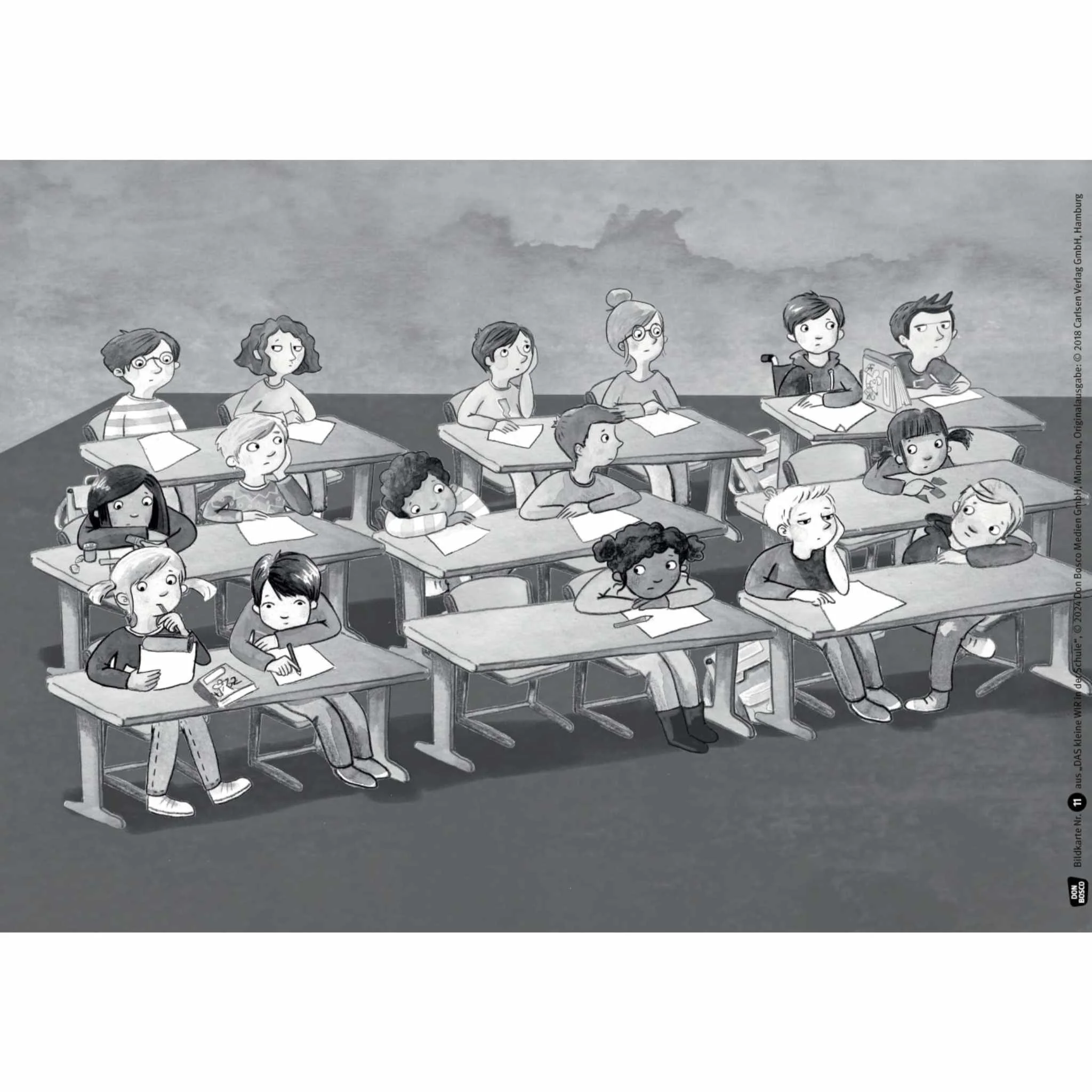 Schulklasse, Schreibtische, Kinder, Hartskizze, Lehrsituation