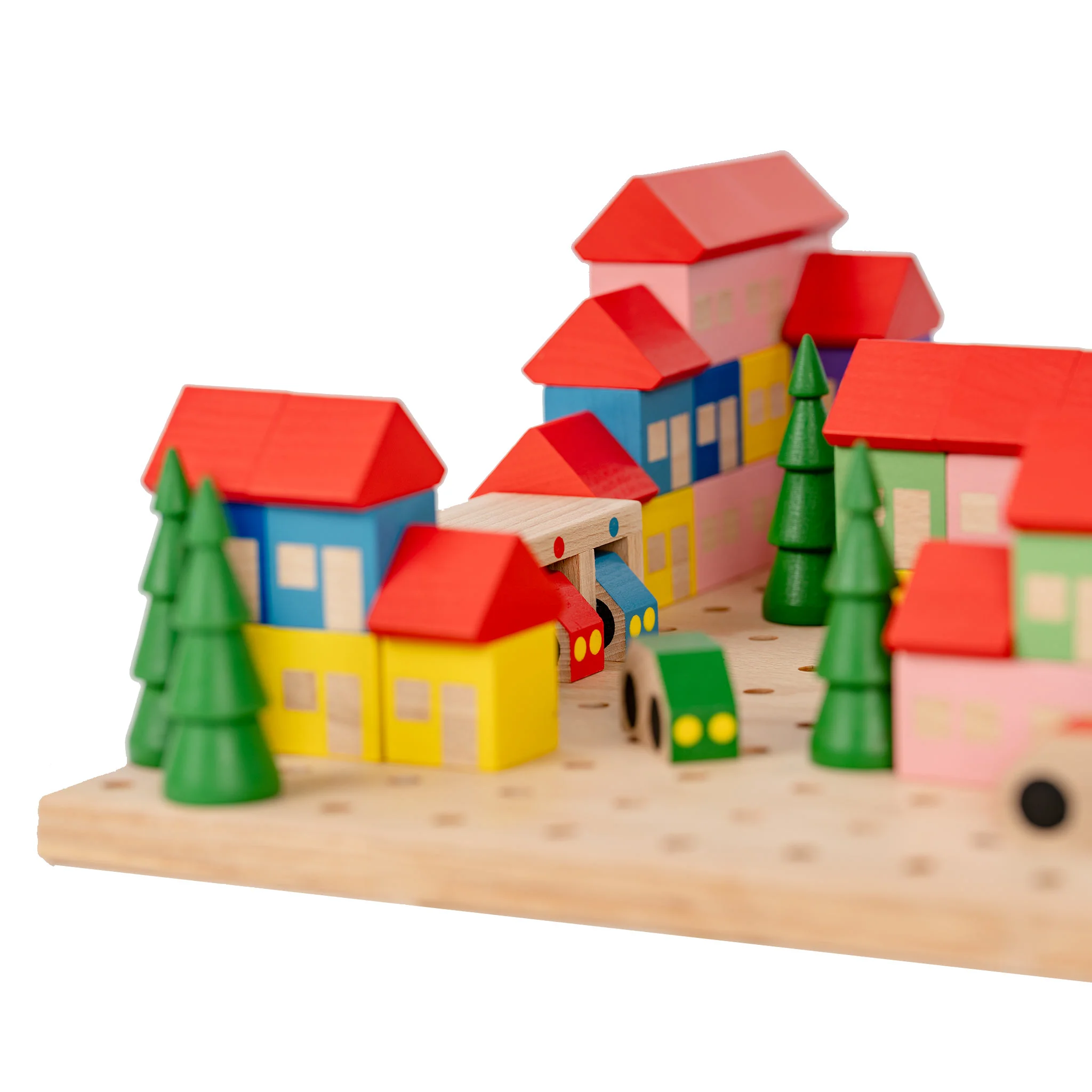 holzspielzeug, miniaturhaus, bunte häuser, kleinbauwagen, holzbaeume