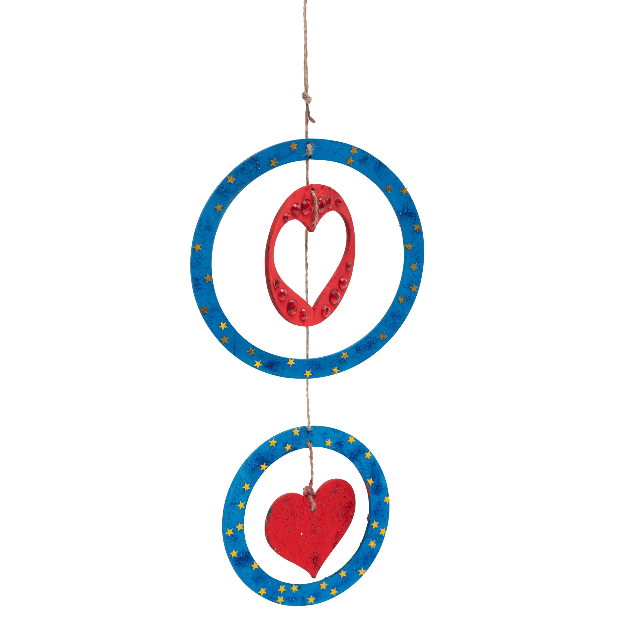 wind chime, Herzanhänger, rotes Herz, blauer Ring, Aufhängedekoration