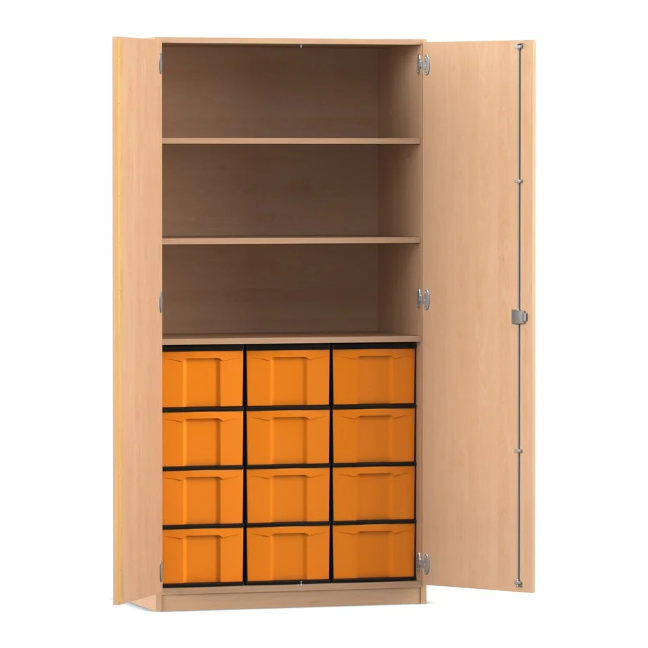 Materialschrank - mit Drehtüren, 12 hohe Boxen, Buche hell