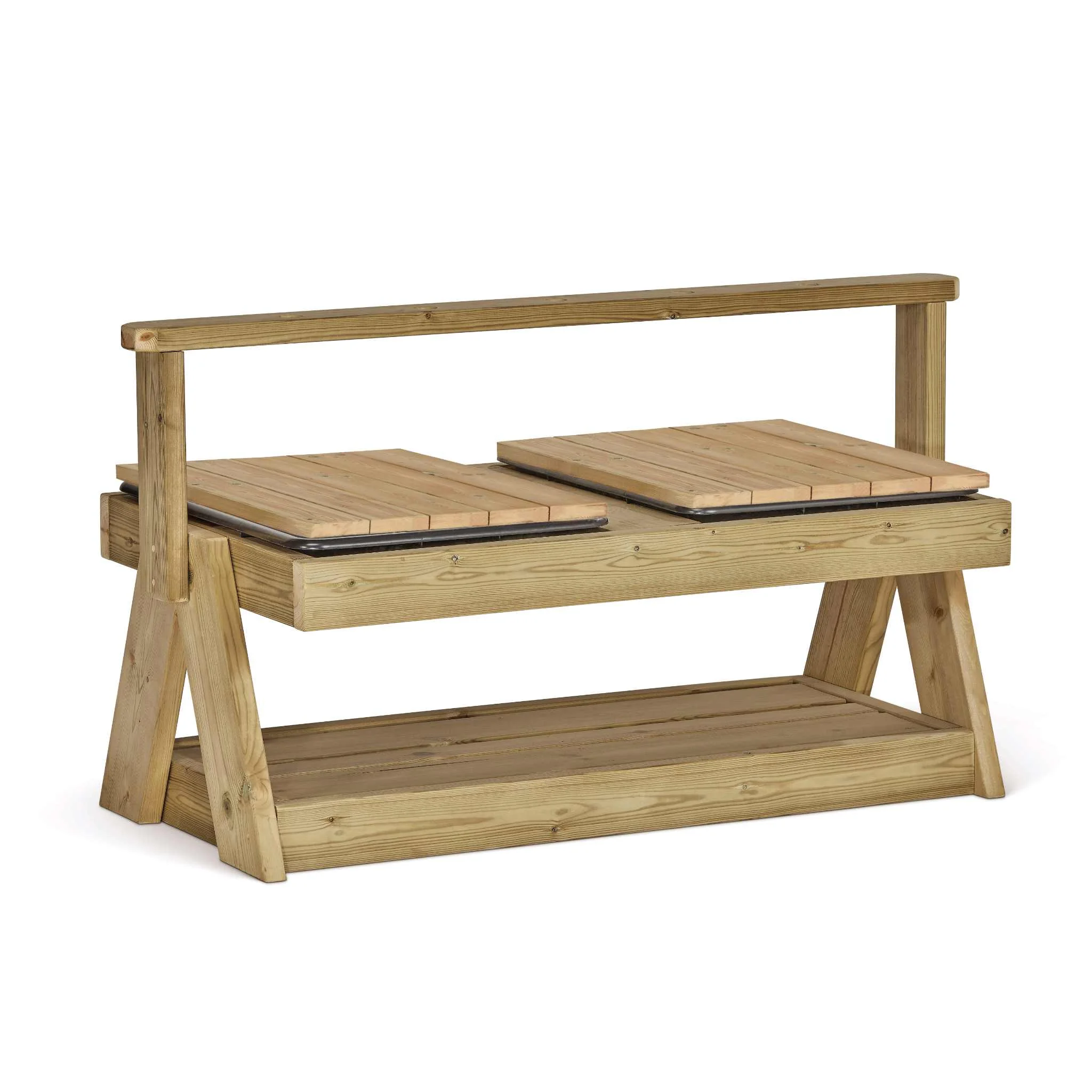 Holzbank, Sitzbank, Holzregal, Sichtbare Holzmasten, Gartenmöbel