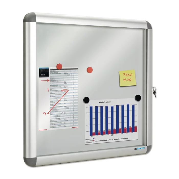 Whiteboard, Magnetic board, Colored magnets, Poster notes, Documents on board