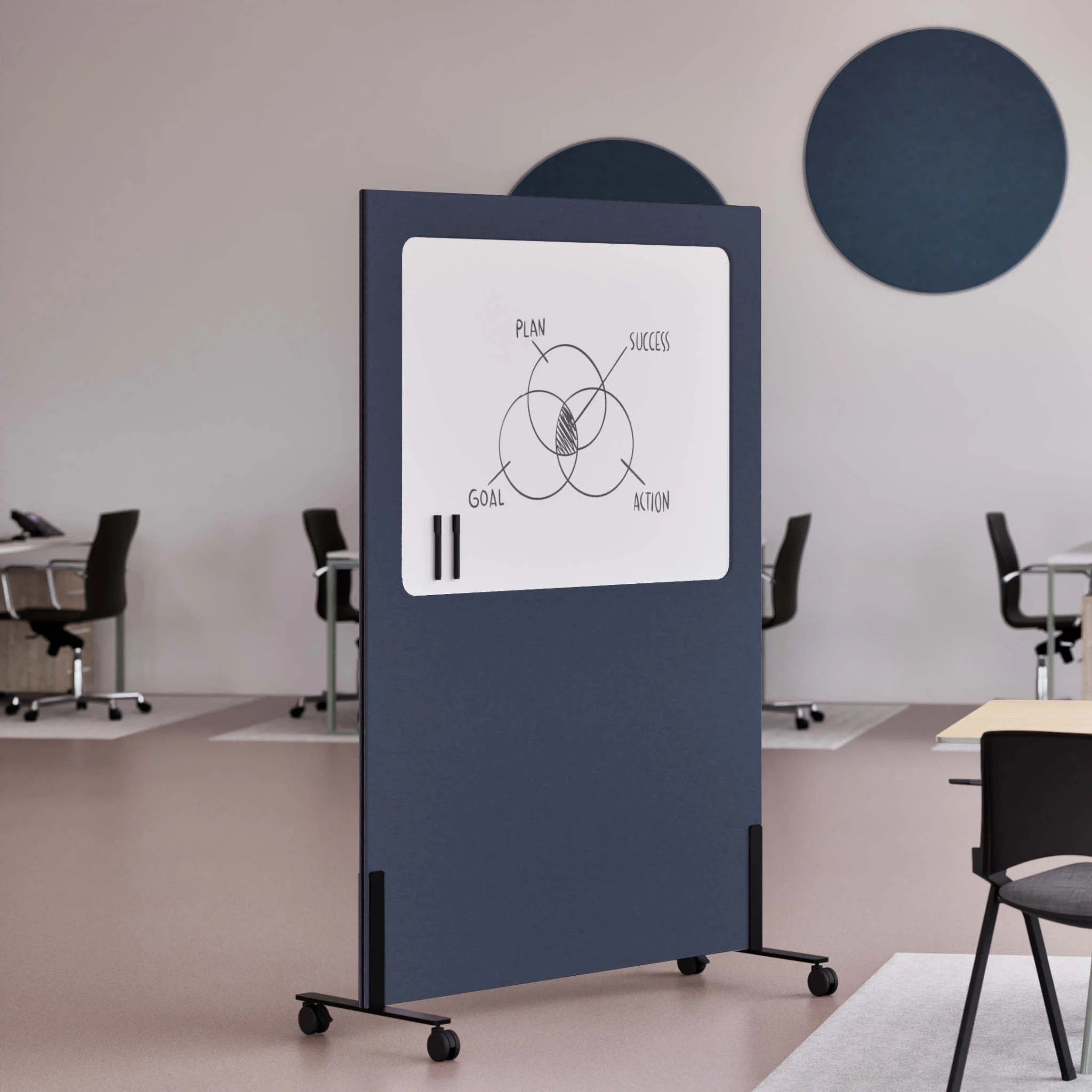 mobile whiteboard, whiteboard on wheels, office whiteboard, blue cabinet, room divider