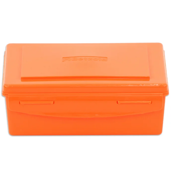 orange box, storage box, plastic box, snap shut, lid
