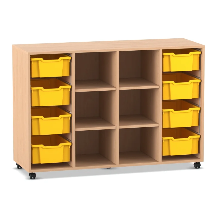 Klassenzimmerregal, 99,1 x 143,9 x 48, mit 8 Gratnells-Boxen und 4 Böden, Buche hell