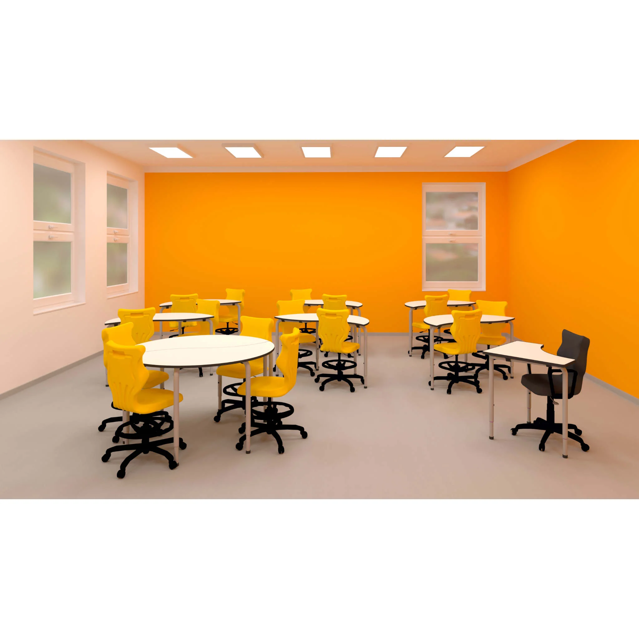 Klassenzimmermöbel, Schülerstühle, Schülertische, gelbe Drehstühle, weiße Tischplatten