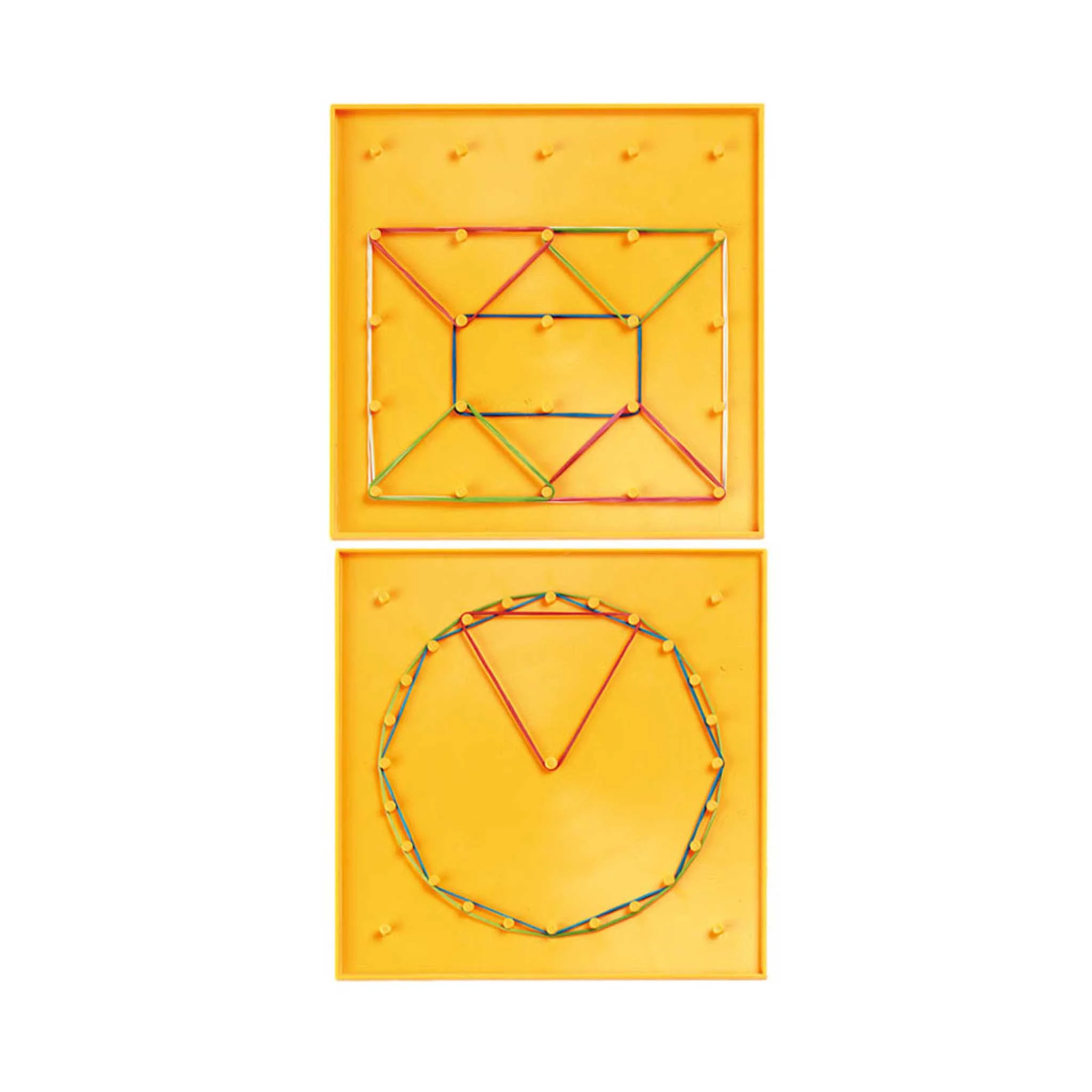 Geometric Leinwand, Kunstinstallation, Musterkonstruktion, Kreisel-Form, Gelbe Hintergrundplatte