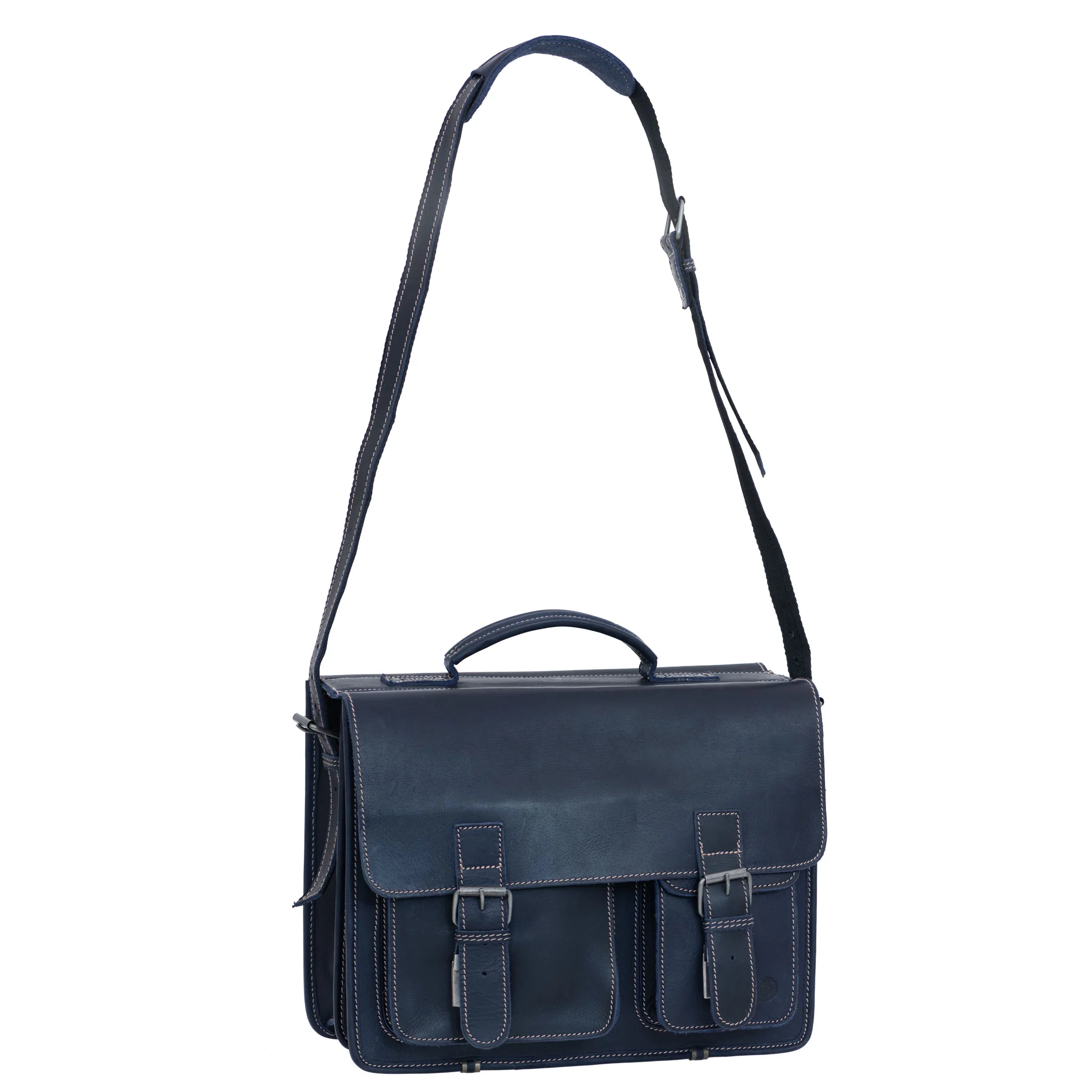 handtasche, blaues leder, schultertasche, doppelte tütenfächer, riemen
