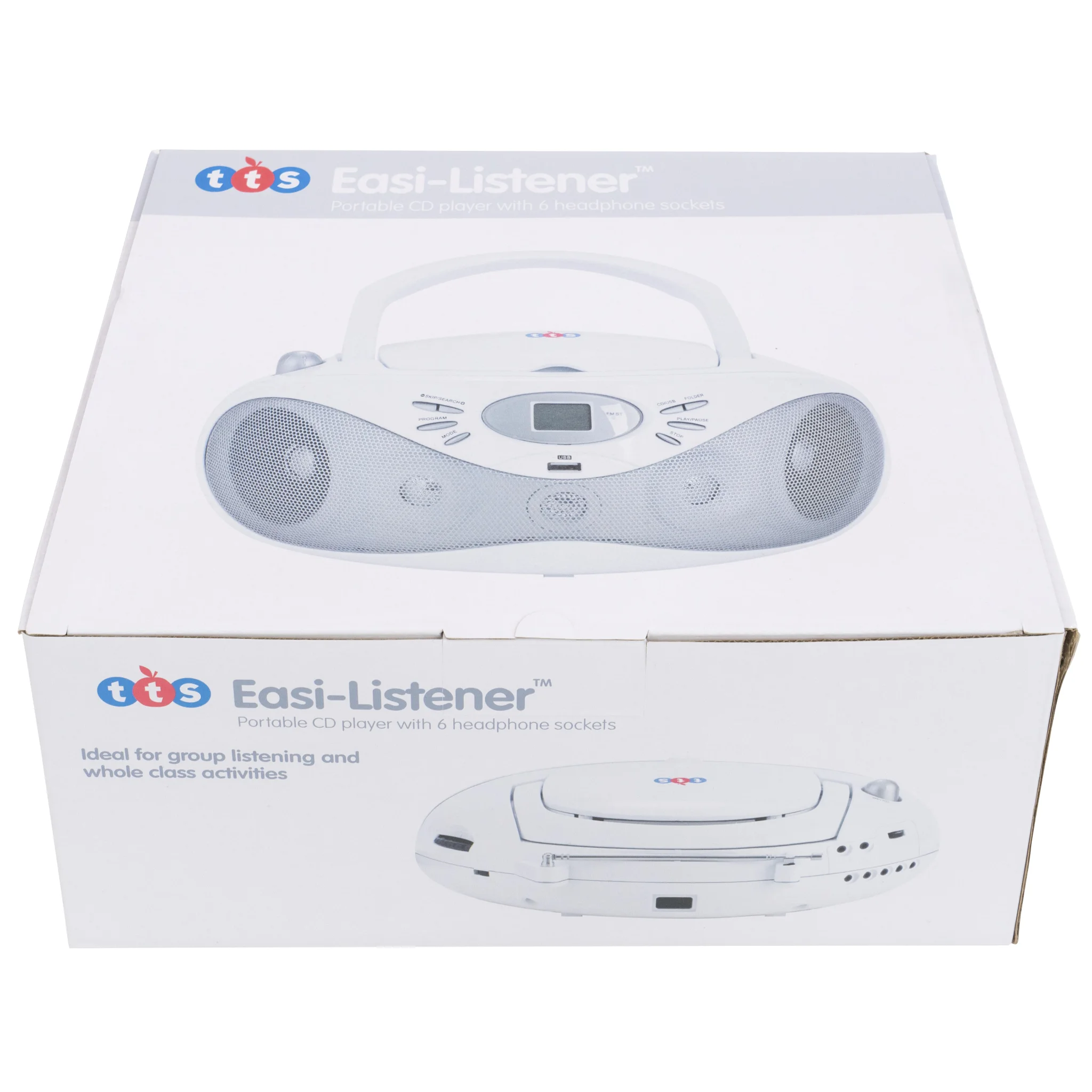 Tragbarer CD-Player, Easi-Listener, sechs Kopfhöreranschlüsse, weißes Gerät, Tragegriff