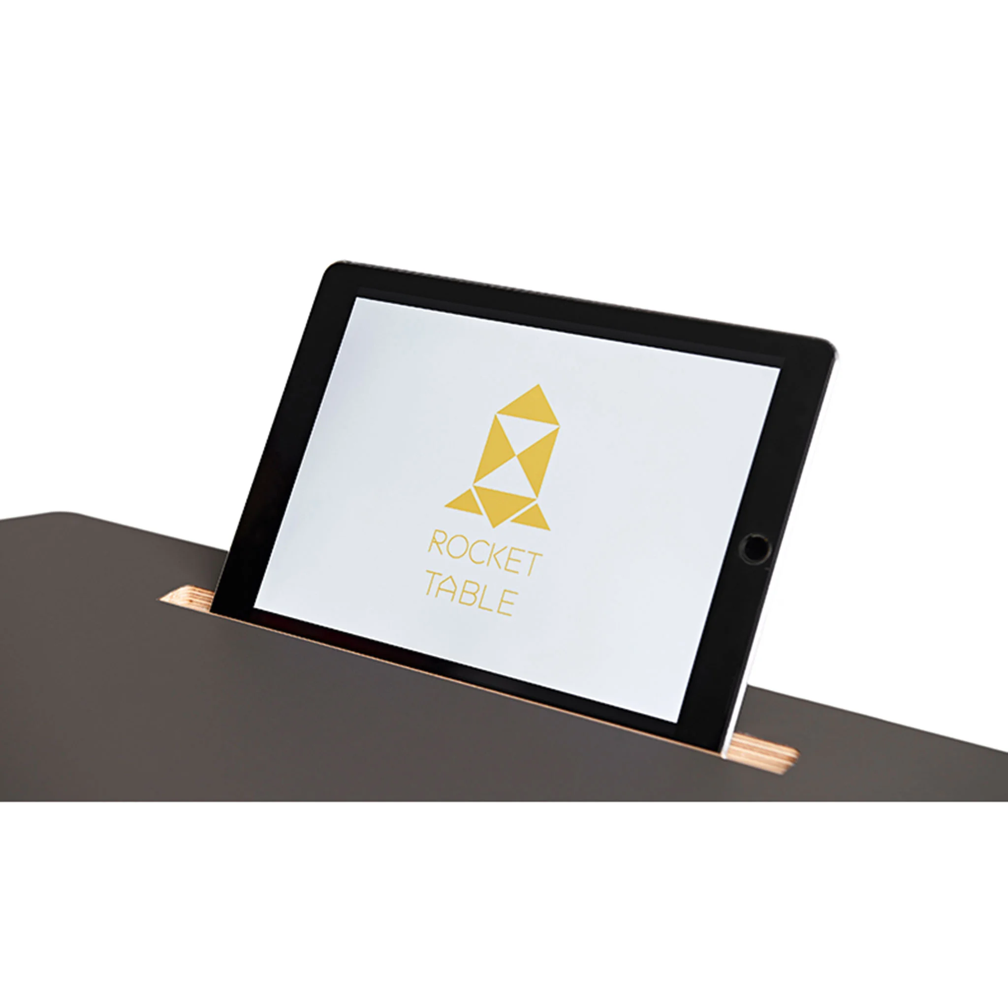 tablet stand, tablet dock, rose gold, black bezel, rocket table logo