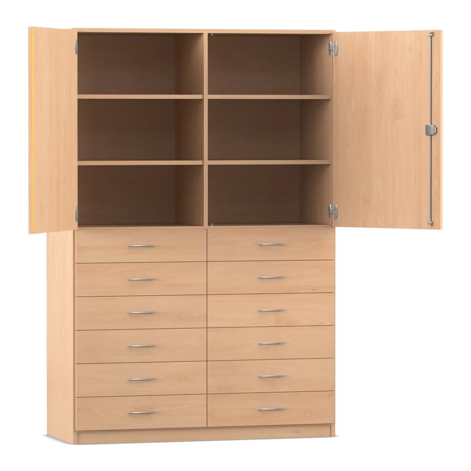 Schrank mit 12 flachen Holzschubladen, 2 Halbtüren und Mittelwand, 190 x 126,4 cm, 40 cm