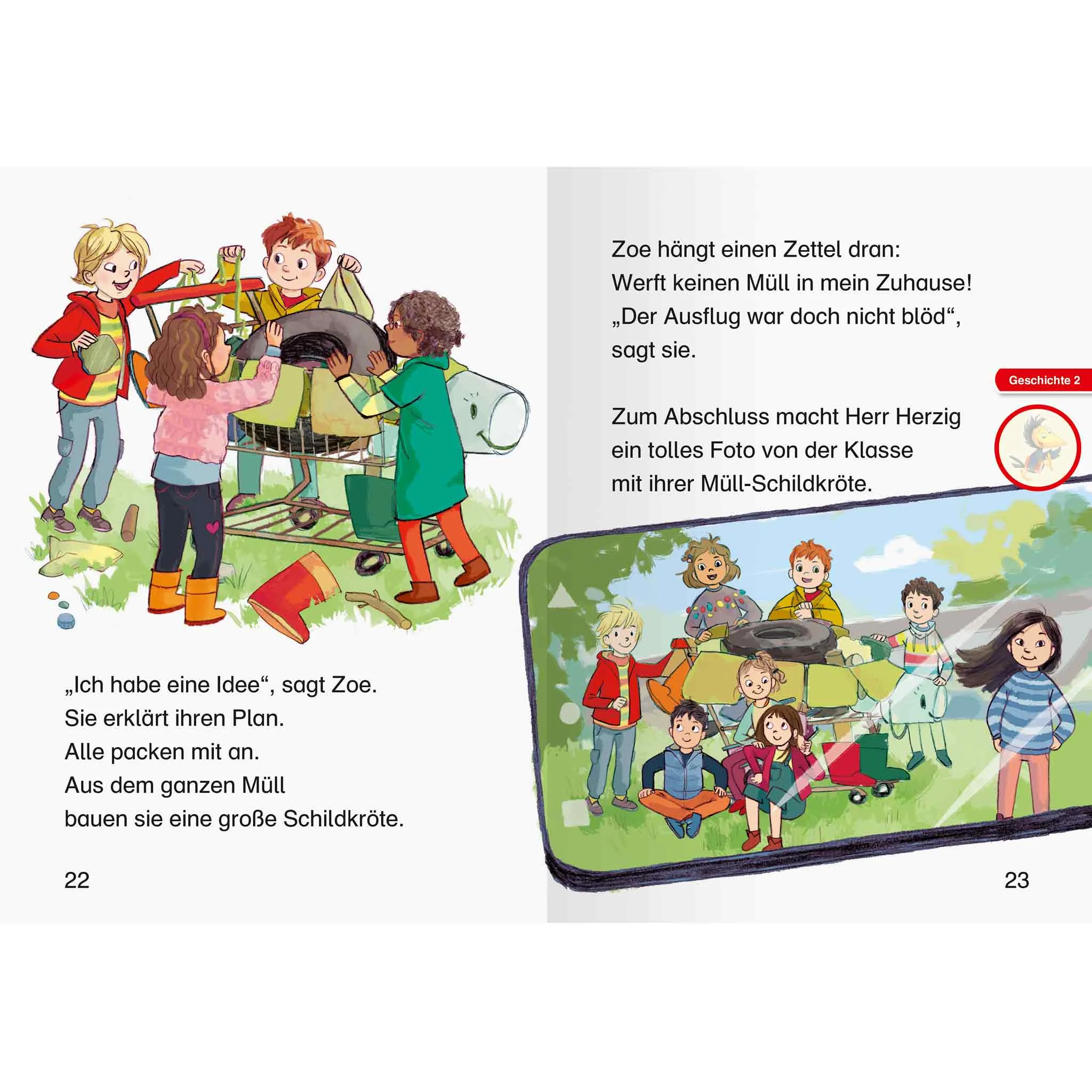Müllsortieraktion, Mülltrennung, Kindergruppe, Sammelbehälter, Sammeltons