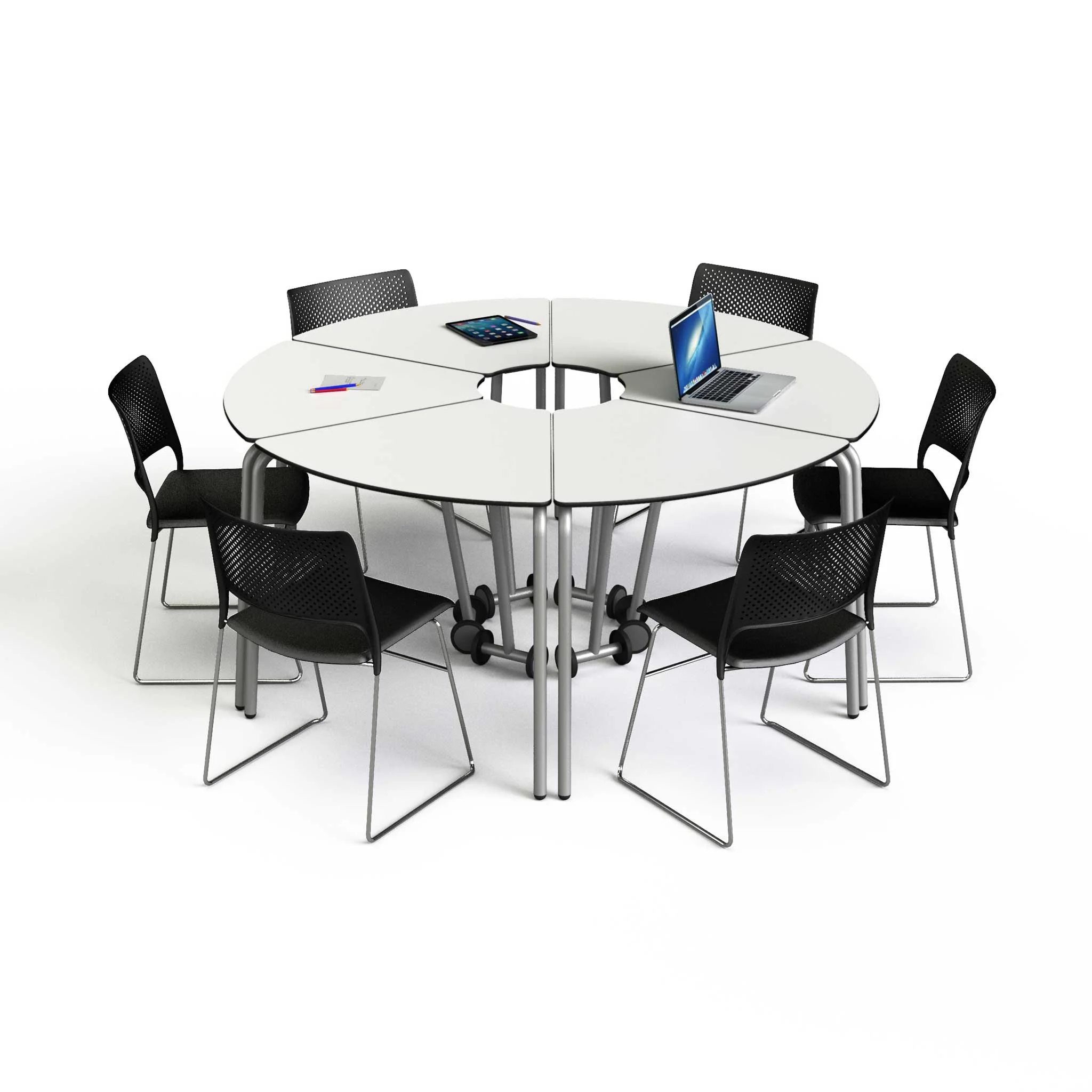 runde tische, modularer tisch, stahlbeine, weiße tischplatte, klapptisch/zusammenlegbar