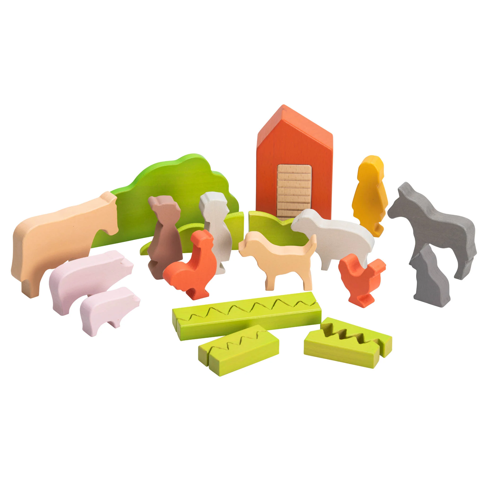 Holzspielzeug, Tierfiguren aus Holz, Häuschen, Baumhaus, Holzklötze