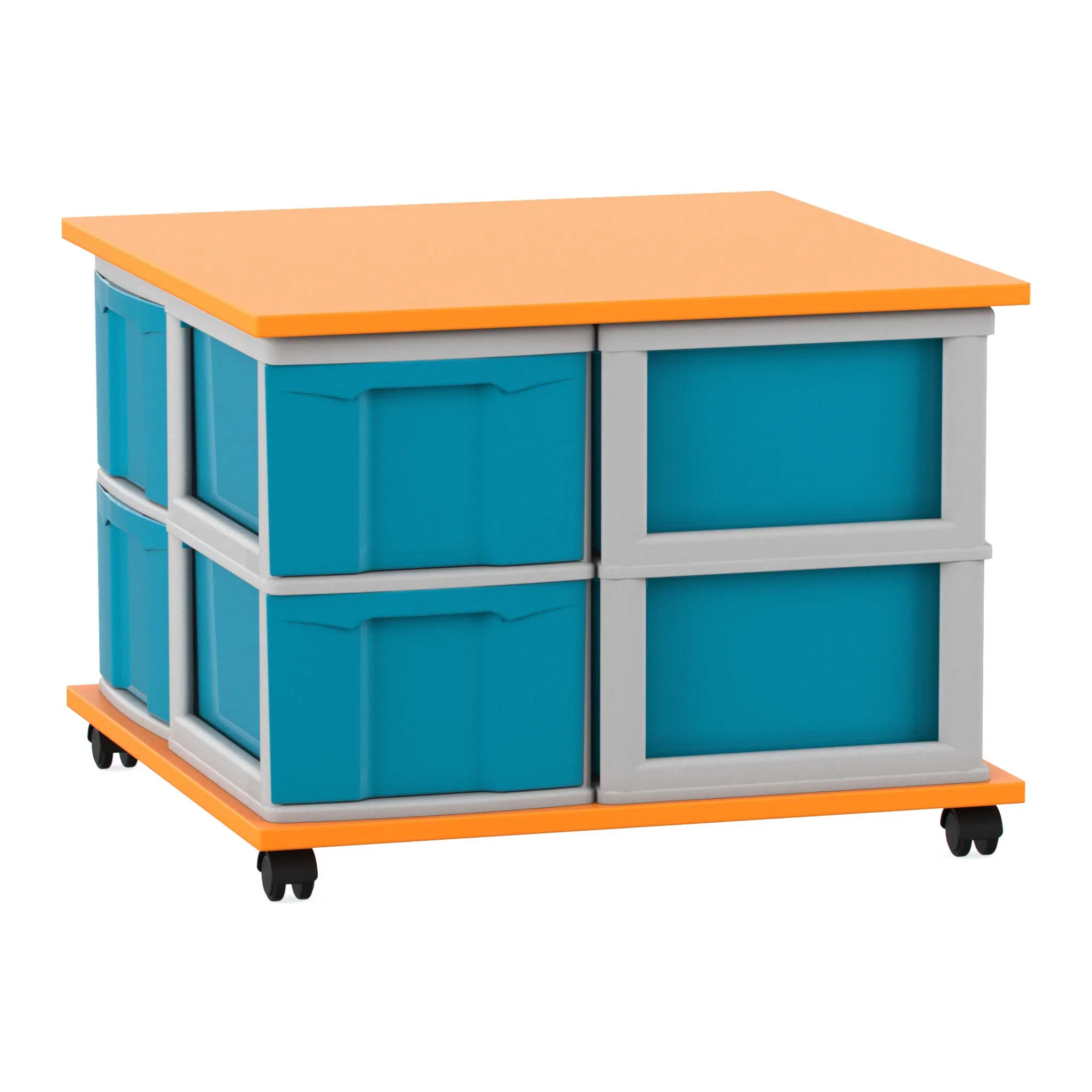 mobiler schrank, würfelboxen, orange top, blaue kisten, rollbarer aufbewahrungsschrank
