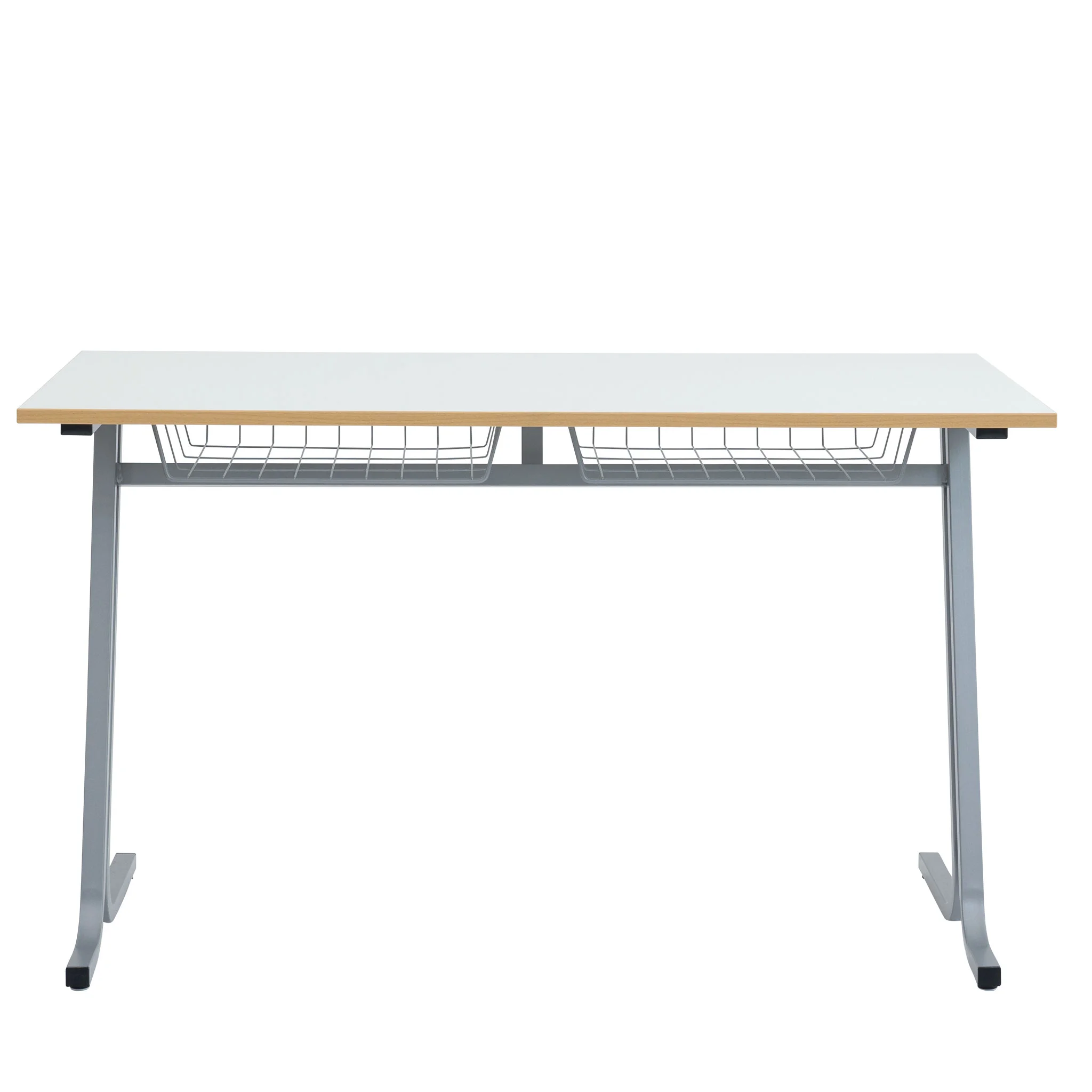 Schreibtisch, Metallrahmen, Holzkante, Ablagekorb, Klarer Tisch
