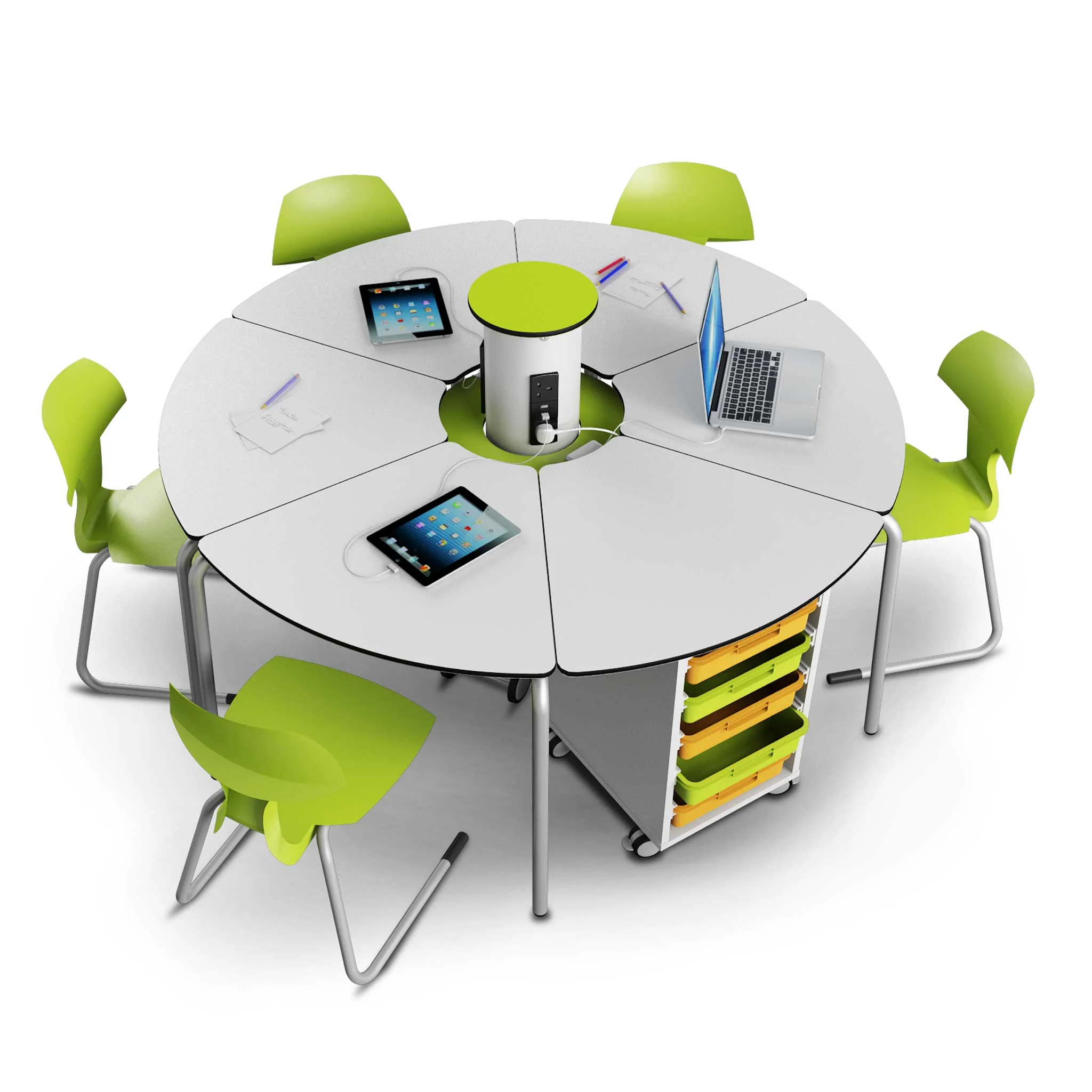 runde tisch, modulares tischsystem, mobiler arbeitsplatz, ausziehbarer kabel organiser, grün akzentuierte stühle