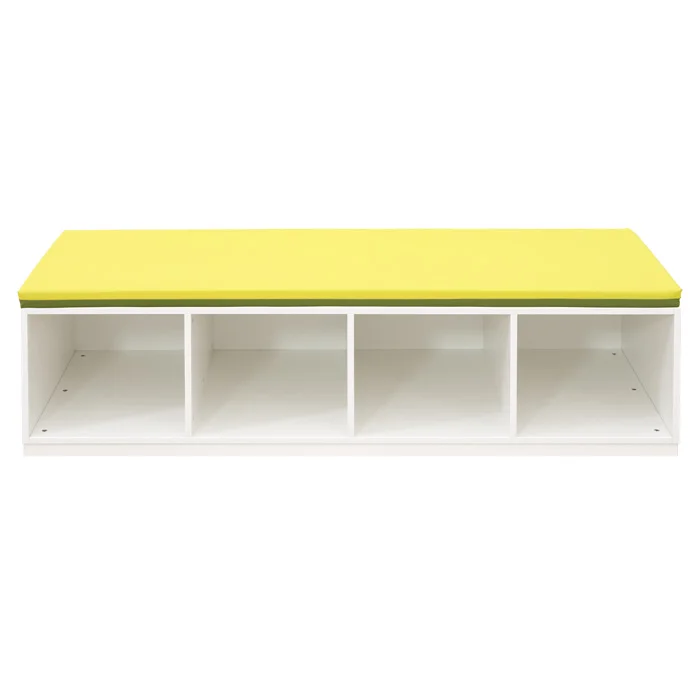 cubical storage, open shelf, gelber gepolsterter deckel, weißer rahmen, modulare aufbewahrung