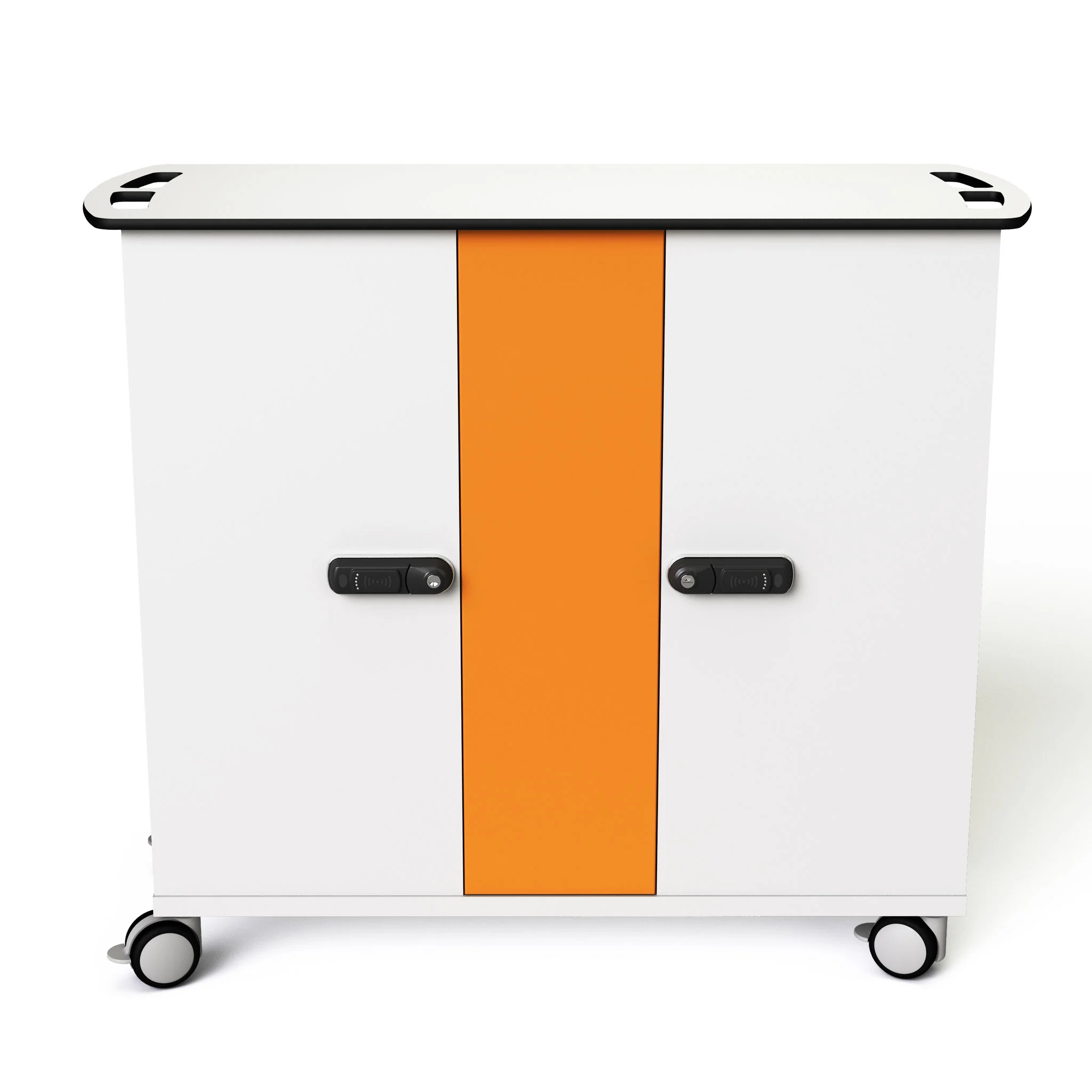 Küchenunterschrank, Rollschrank, orange Streifen, Schubladenverschluss, rollen
