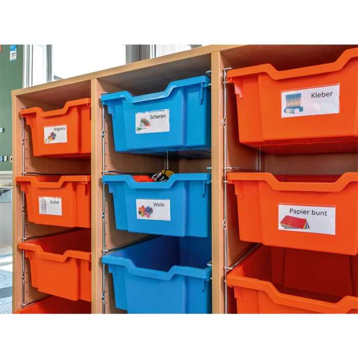 Kunststoffbehälter, Aufbewahrungskörbe, orange Behälter, blaue Boxen, Sortierboxen