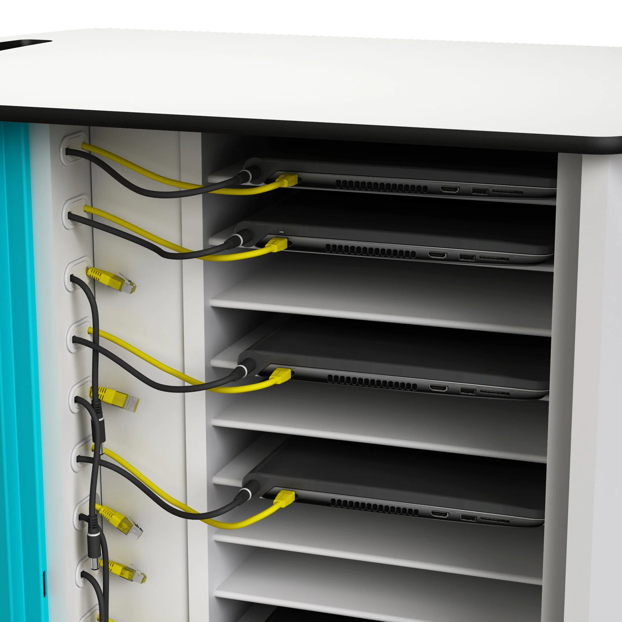 Rechenzentrum, Serverrack, Netzwerkkabel, Laptop-Server, Schrank-Setup