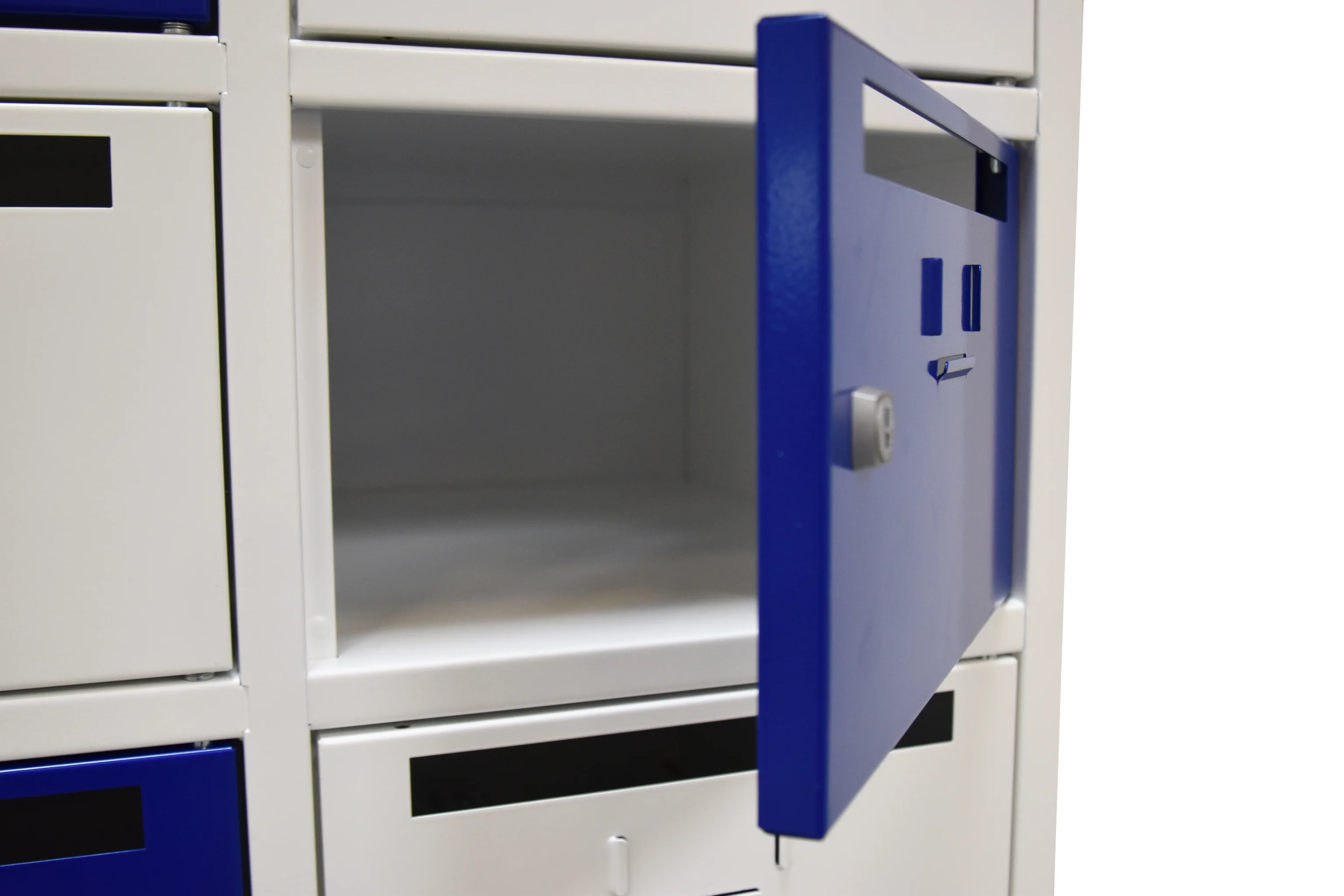 Wertsafe, Stahlschrankschrank, blauer Tür, Schließfach, Ablagebank