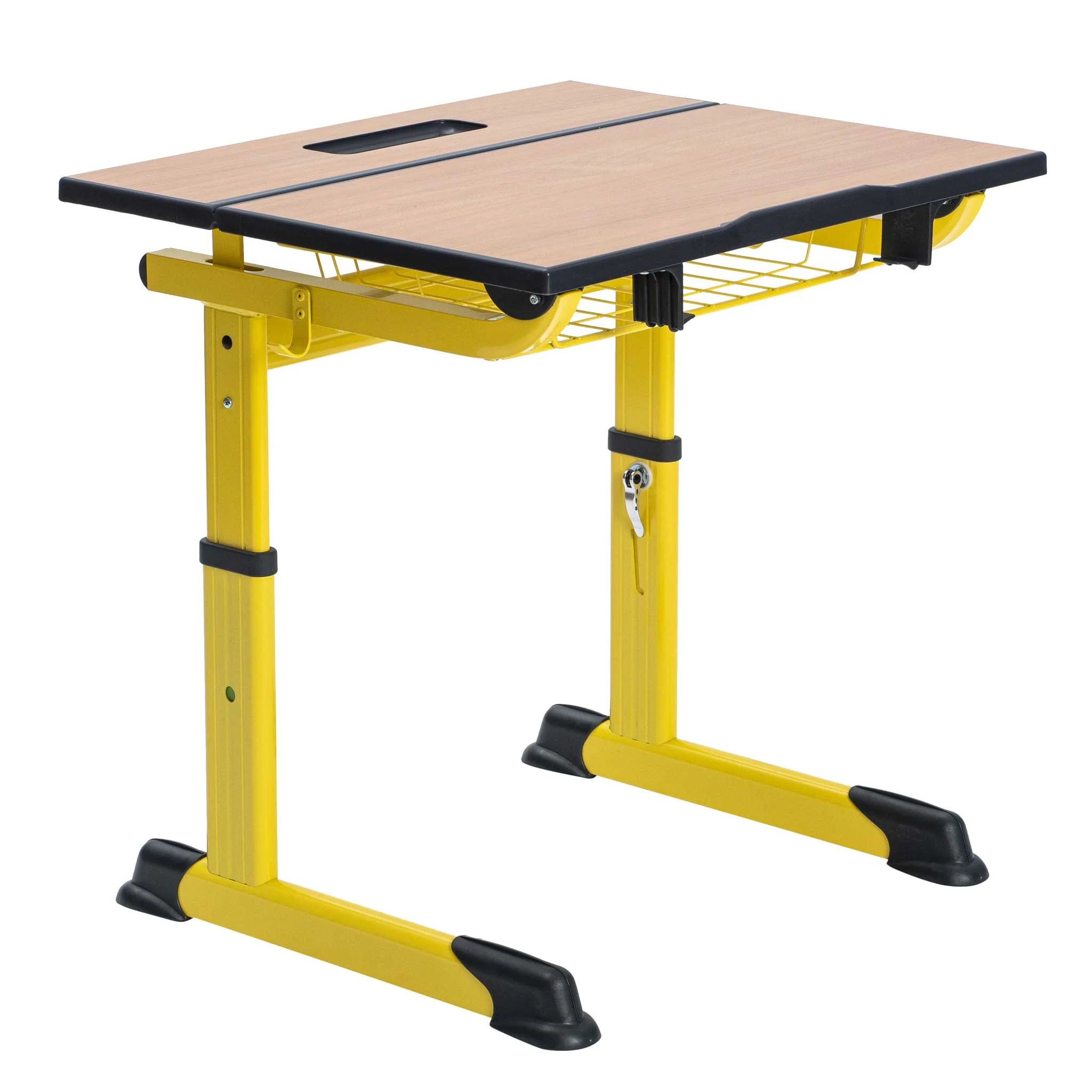 Schreibtisch, Schülerarbeit, Klemm-/Schlepptisch, Metallstuhl, gelb