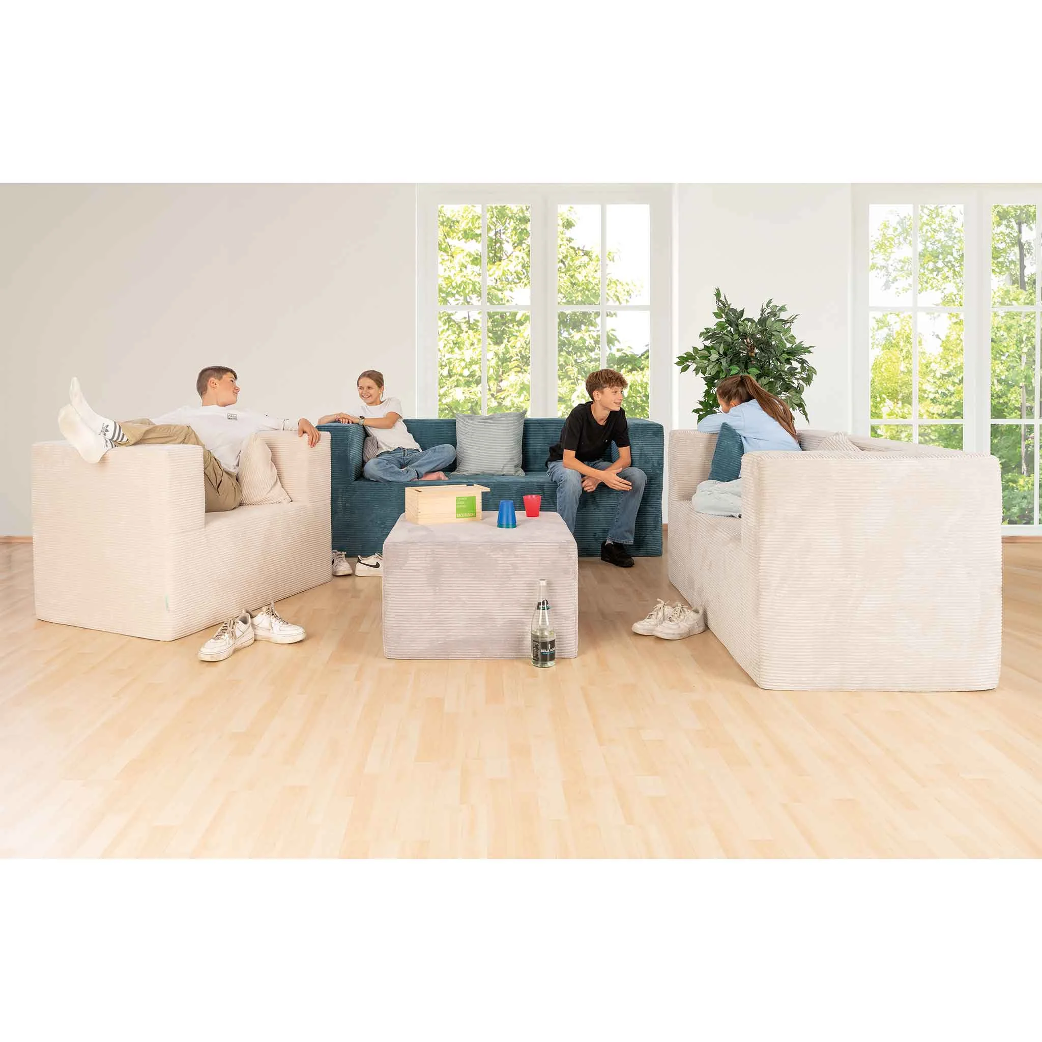 Sofagarnitur, Wohnzimmercouch, Beige beige Rattan-Optik, Sessel, Couchtisch