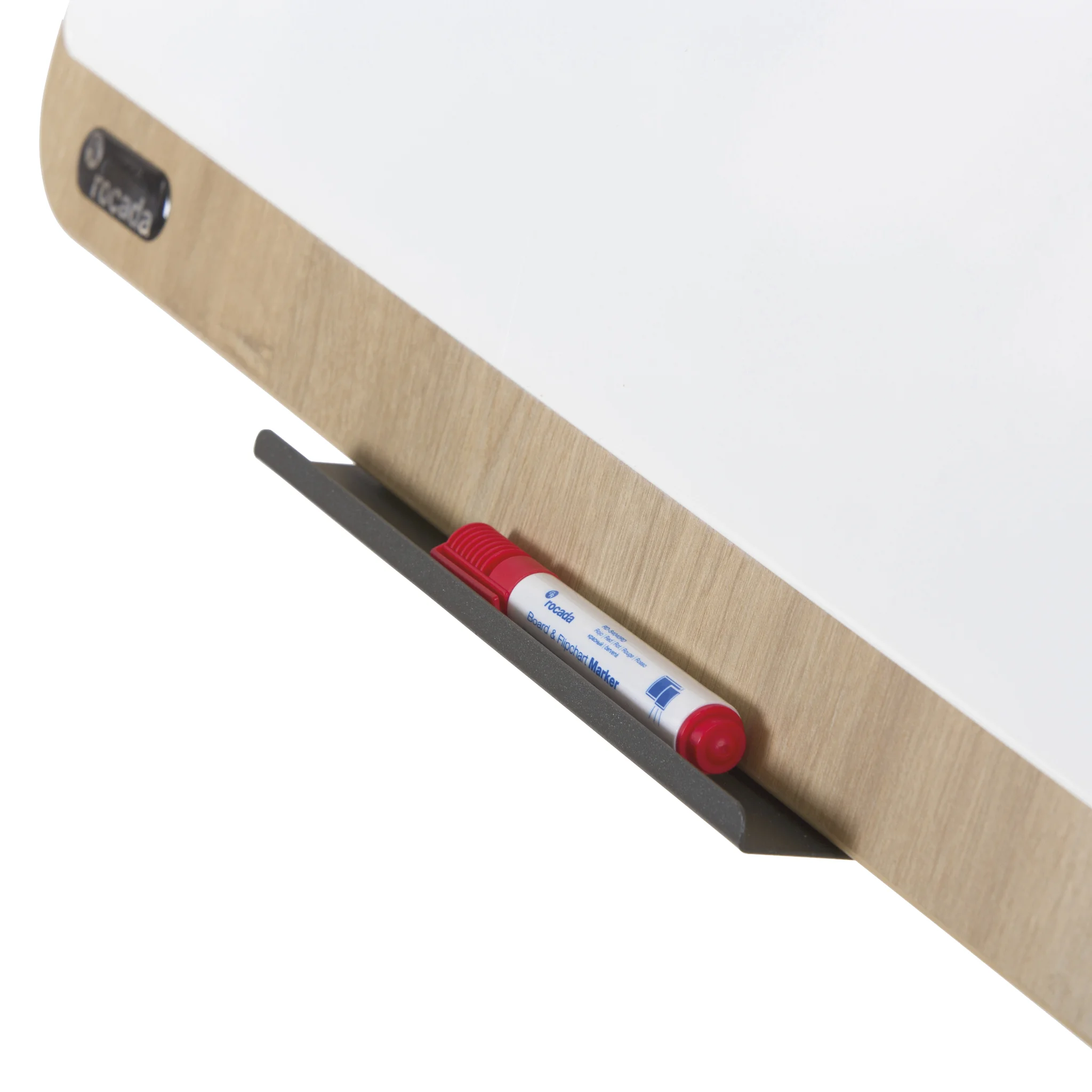 whiteboard, Marker, roter Deckel, Holzregal, magnetische Leiste