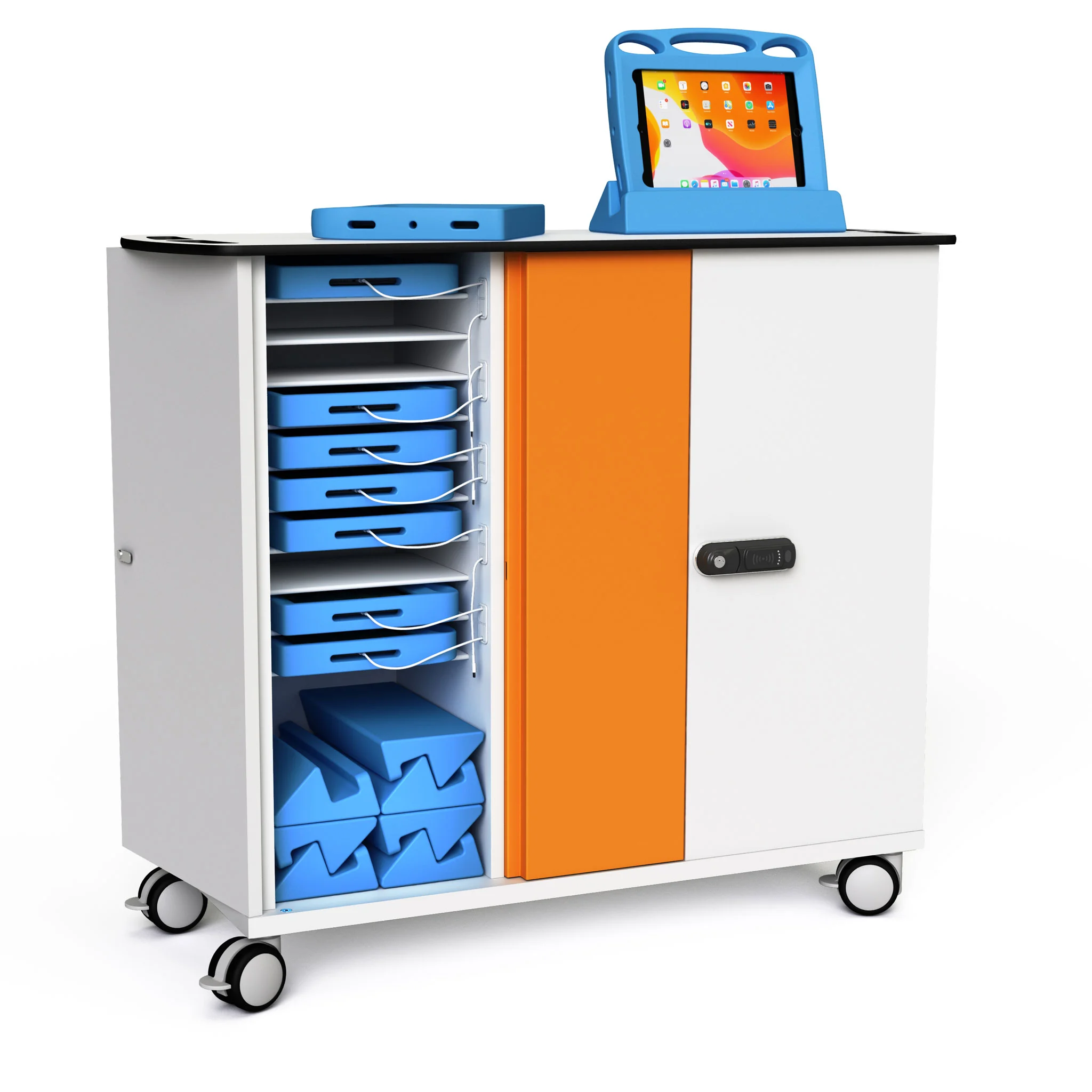 mobilesortier, rollcontainer, fächer, blau, rollenhocker
