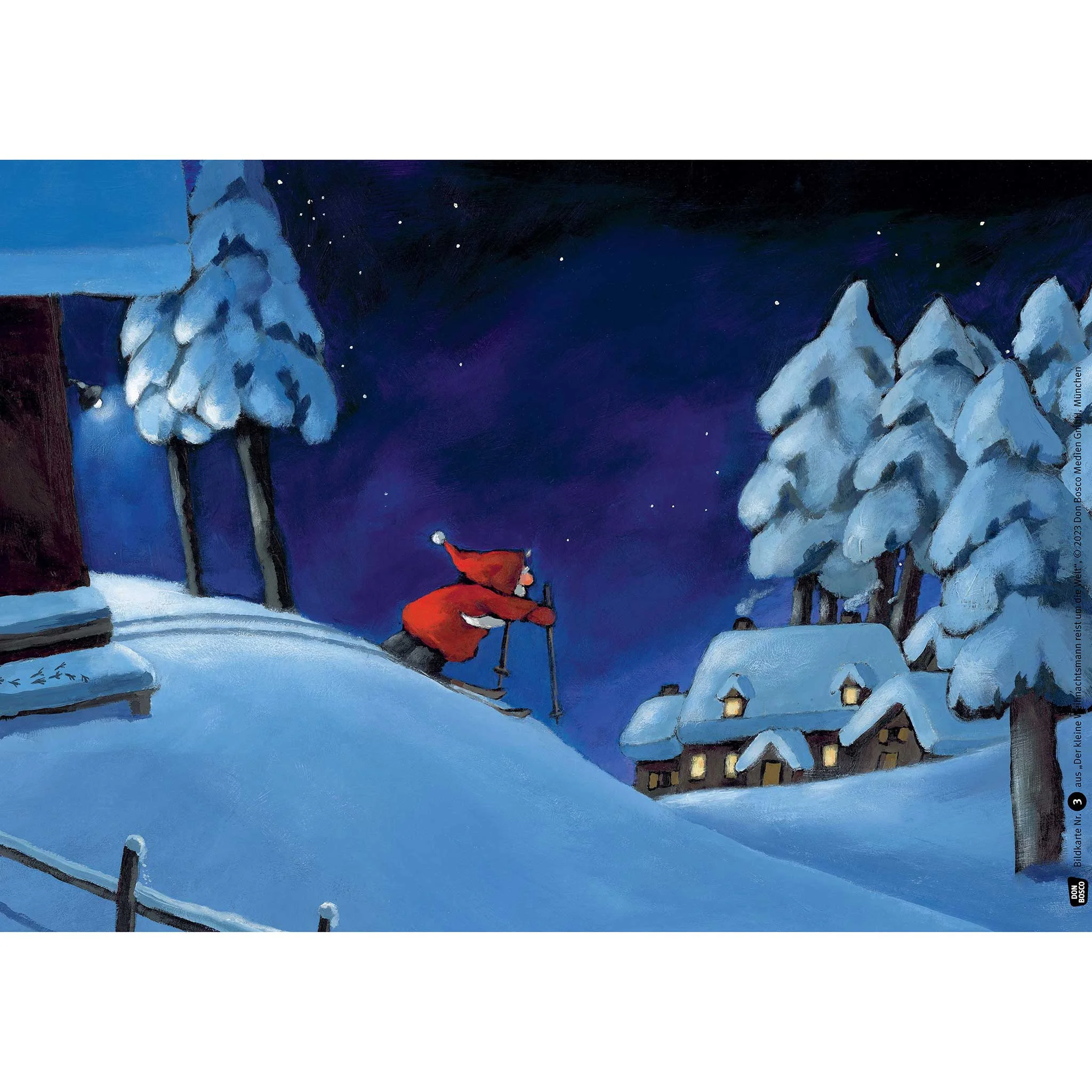 Schneelandschaft, Skifahrer, Nachthimmel, Schneehäuser, Baumgruppe
