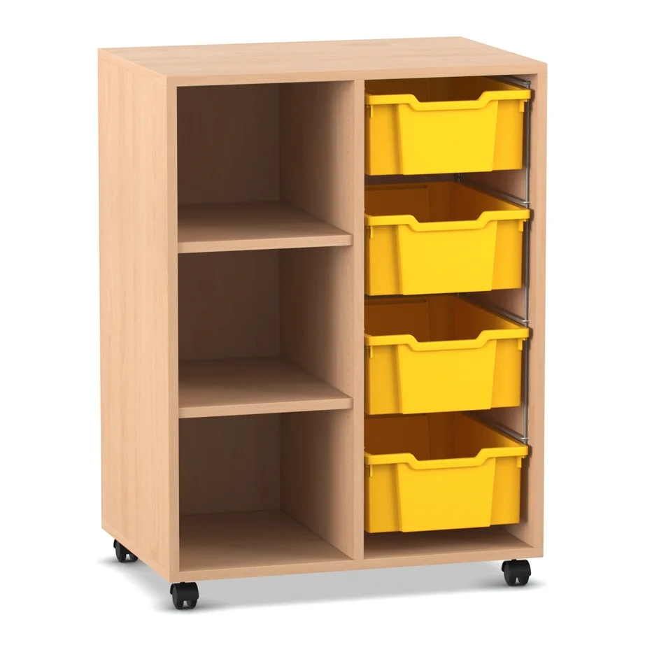 Klassenzimmerregal, 99,1 x 73,1 x 48, mit 4 Gratnells-Boxen und 2 Böden, Buche hell
