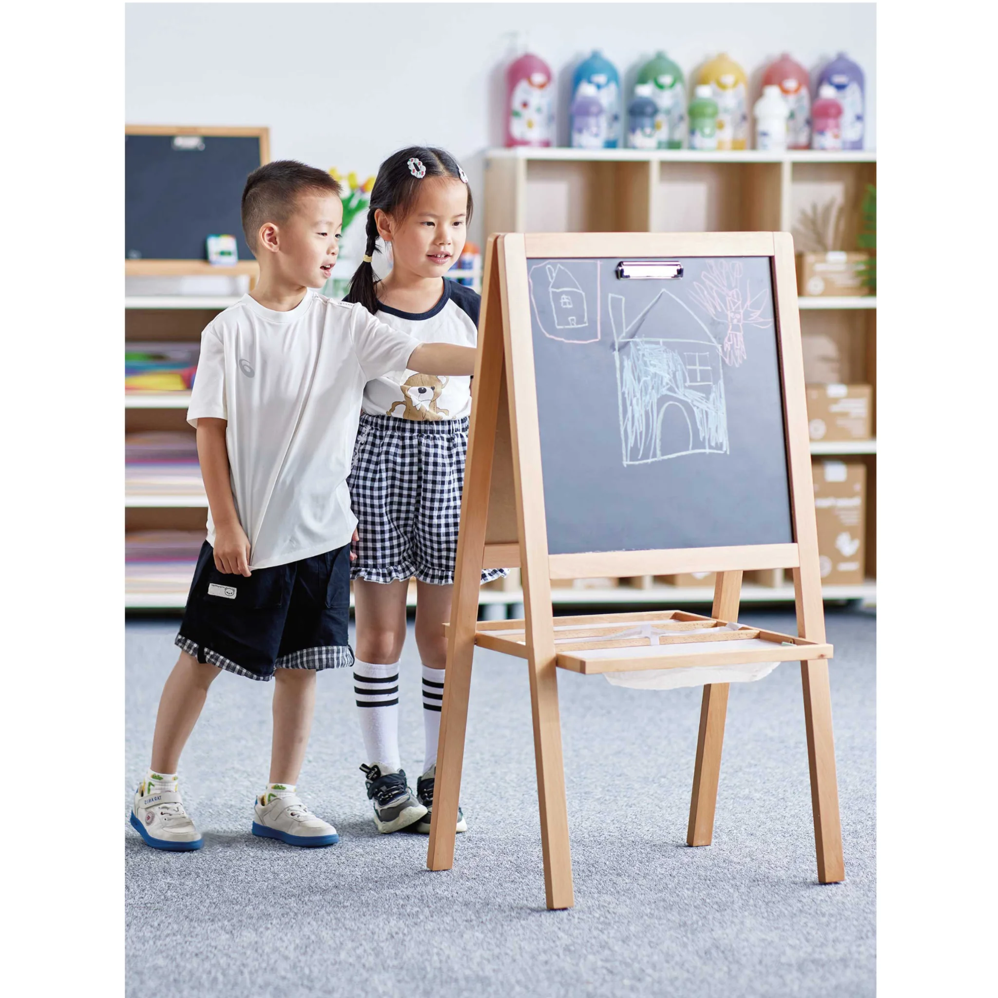 Kinder-Lernboard, Steh-Board, Schiefertafel, Kreideboard, Holzständer