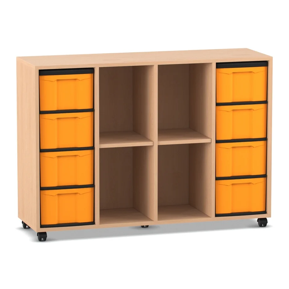 Klassenzimmerregal, 92,3 x 130,7 x 40,8 cm, mit 8 Boxen und 4 Fächern, Buche hell