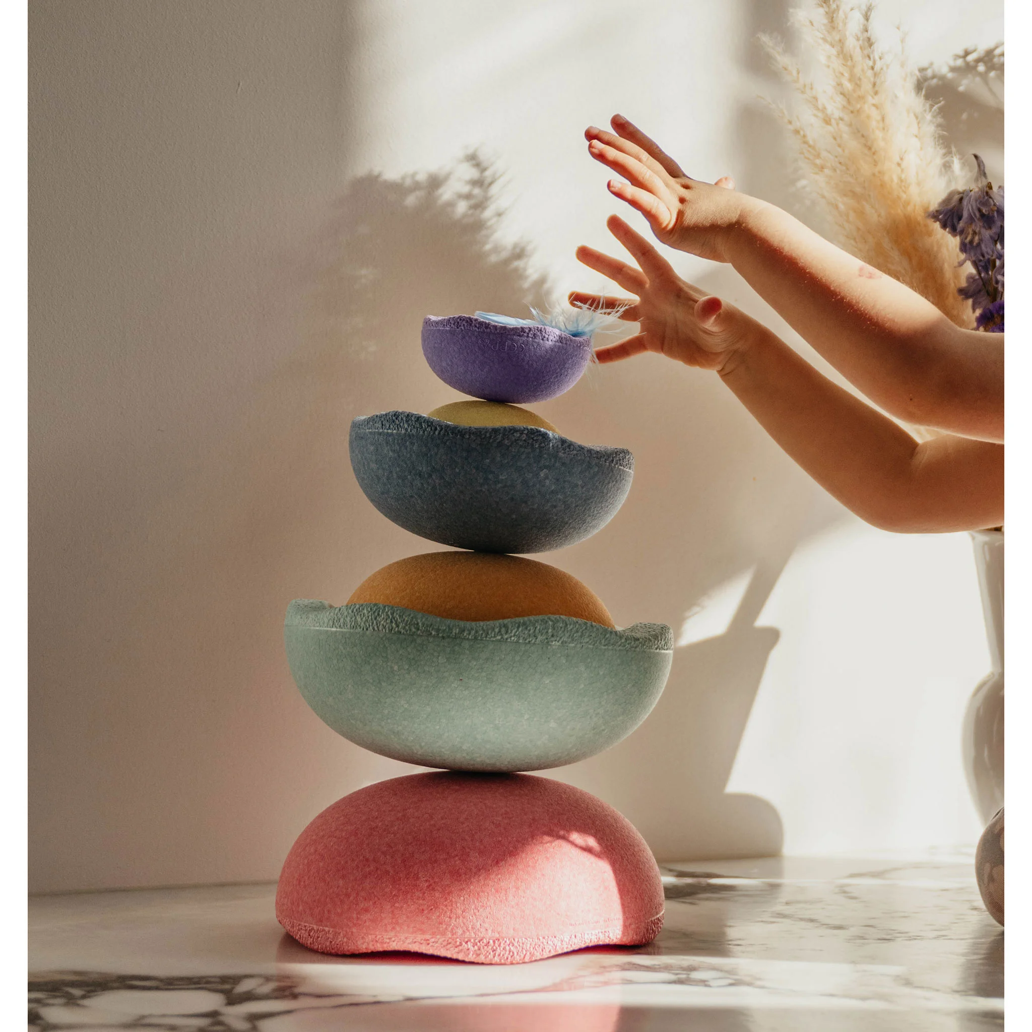 Stacking stones, Stone stack, Pastel bowls, Balancing stones, Kids play stones
