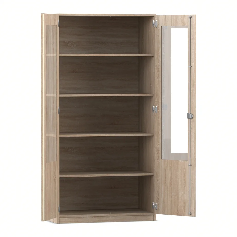 Schrank, Vitrine, Holzoptik, Regal, Glasfenster