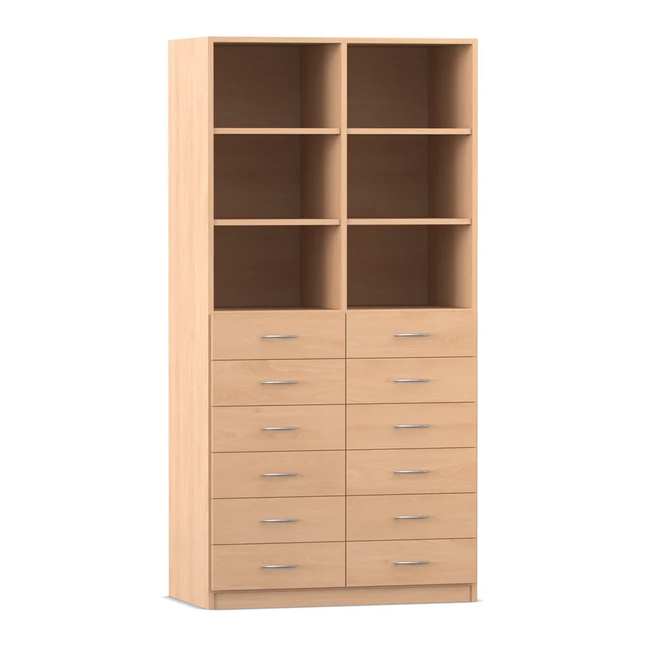 Regal, 190 x 94,4, mit 12 Holzschubladen und 4 Böden, Buche hell