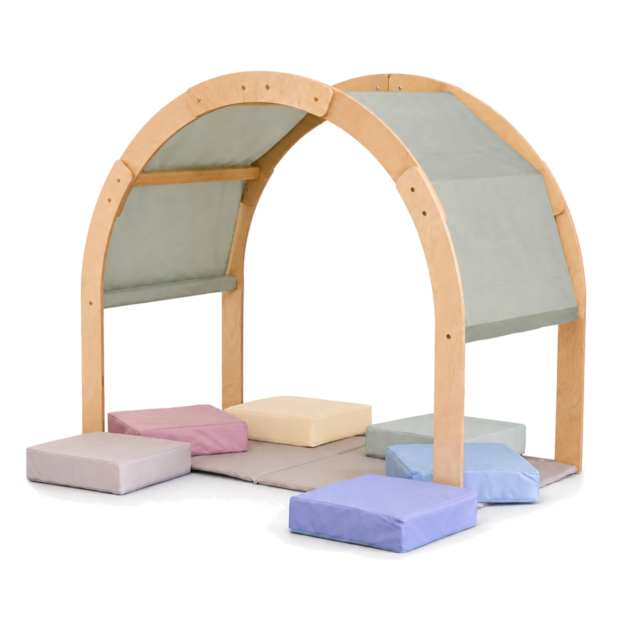 Kinder-Holzarch, Kissenboden, Baldachin, Spielturm, Magenta-Beige Farben