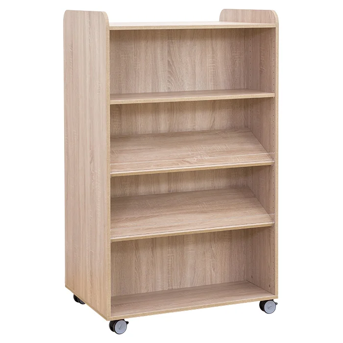 Flexeo® Bücherwagen schmal, 1 gerader Fachboden und 2 Schrägablagen je Regalseite, Buche hell