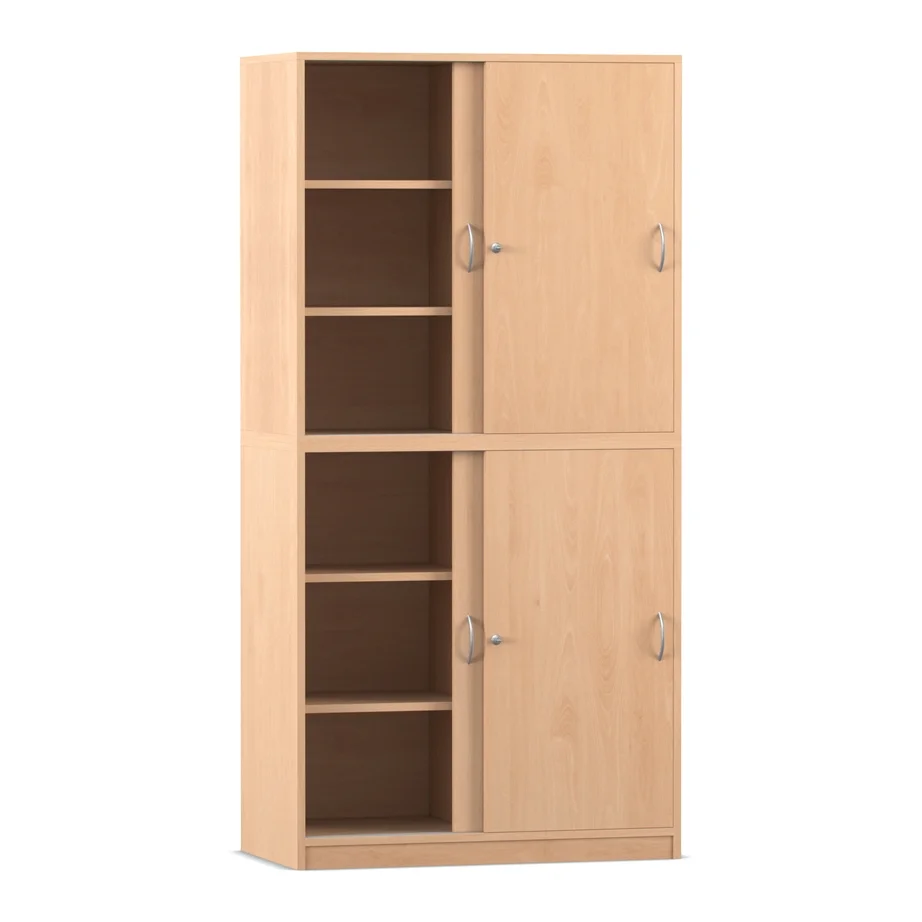 Halb-Schiebetürenschrank - mit Mittelwand, 8 verstellbare Böden, Buche hell