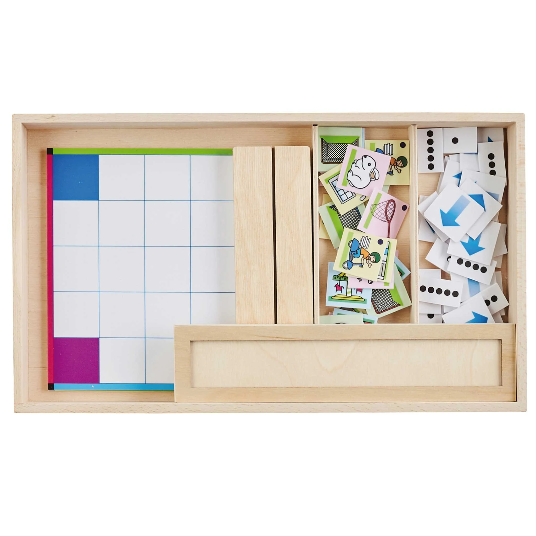 Brettspiel, Spielkarten, Domino-Plättchen, Holztablett, Spielfigurenteile