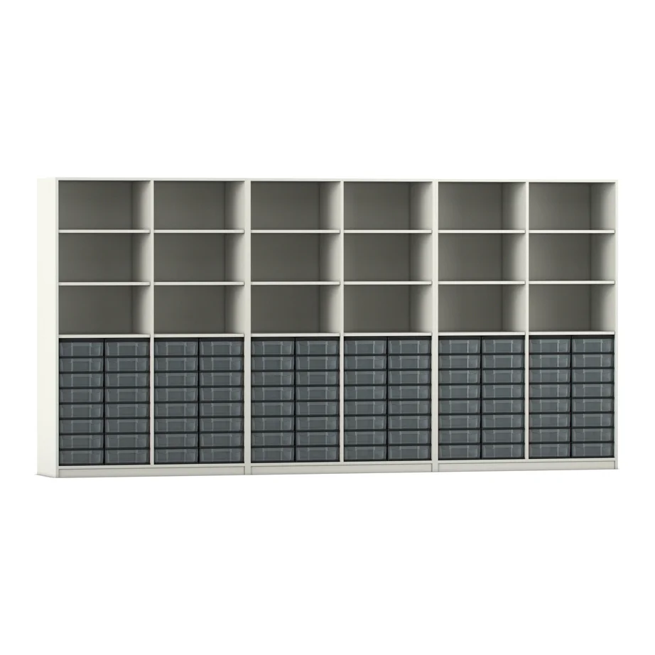 Wandmontagene Aufbewahrung, offene Regale, graue Schubladen, modulares Schrank System, Organisationssystem