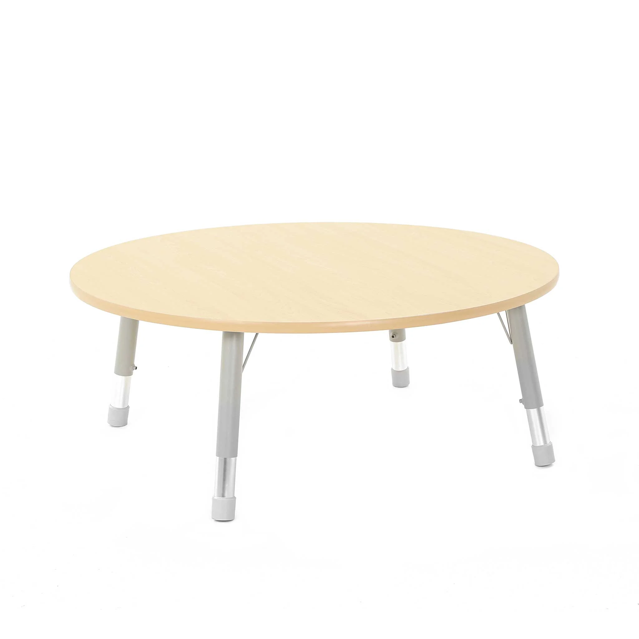 runder_tisch, holz, heller_farbton, verstellbare_beine, minimalistisch