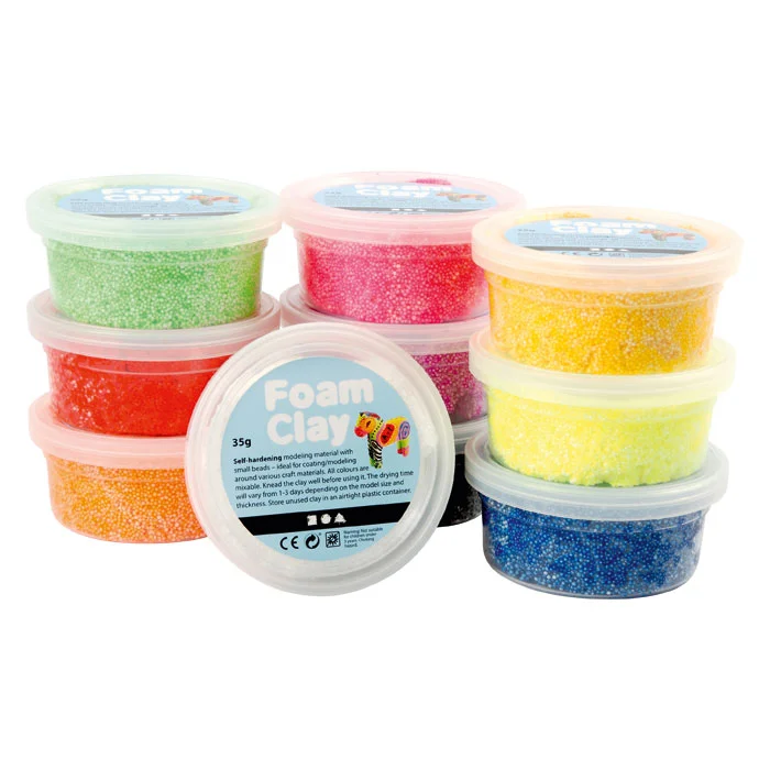foam clay, modelliermasse, glitzerperlen, farbige perlen, plastikbehälter